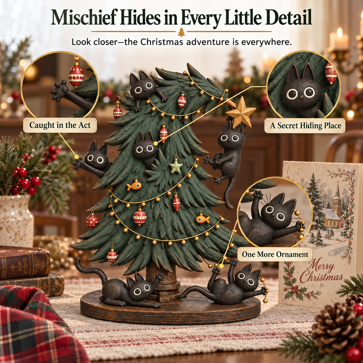 Mischievous Black Cats Christmas Tree Figurine