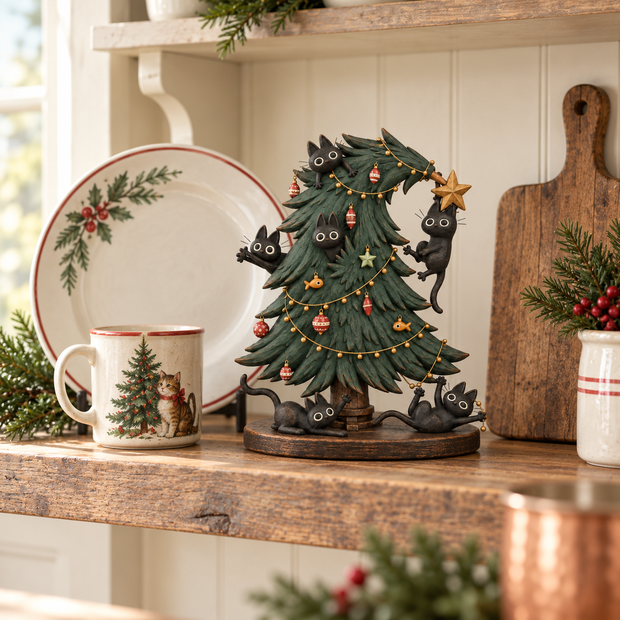 Mischievous Black Cats Christmas Tree Figurine