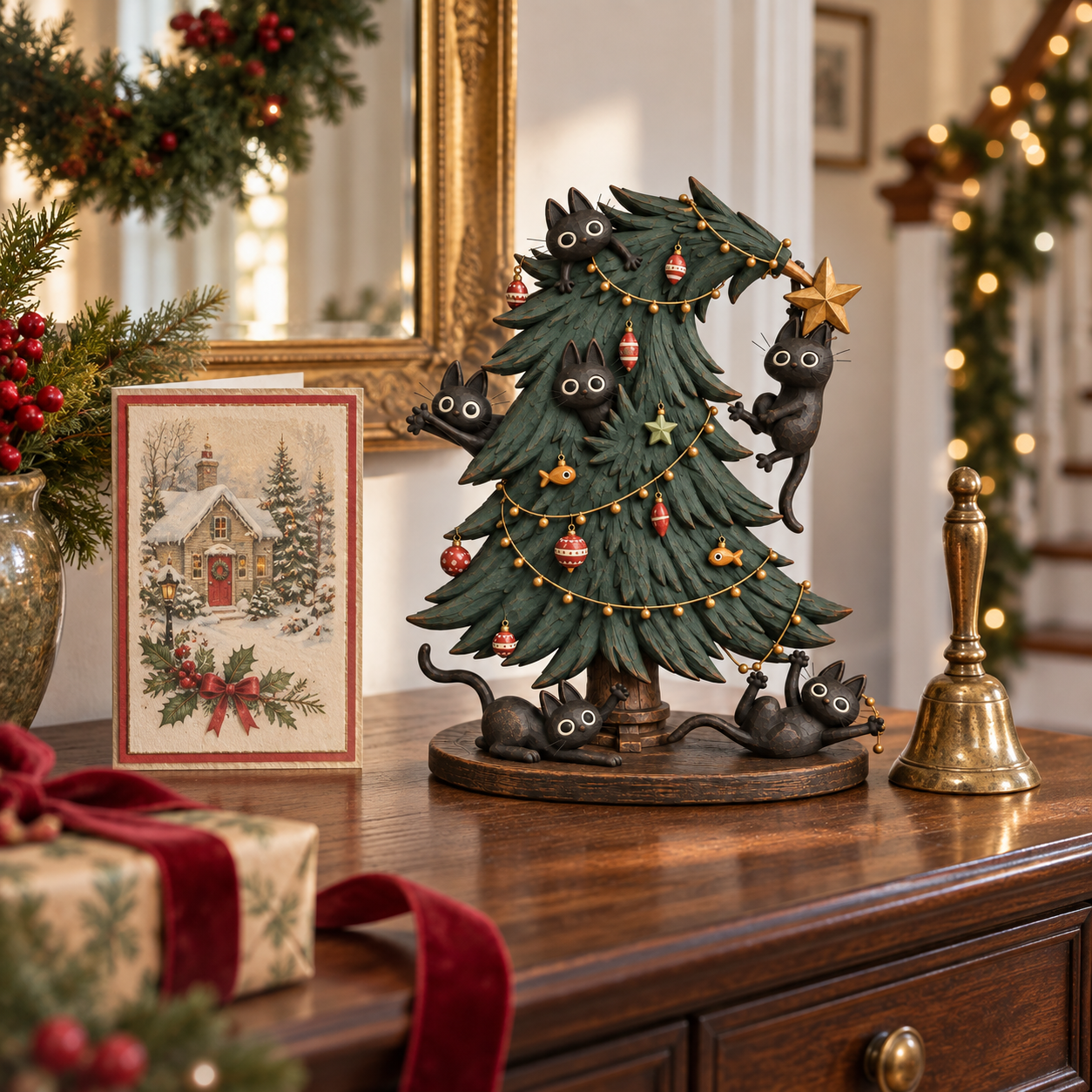 Mischievous Black Cats Christmas Tree Figurine