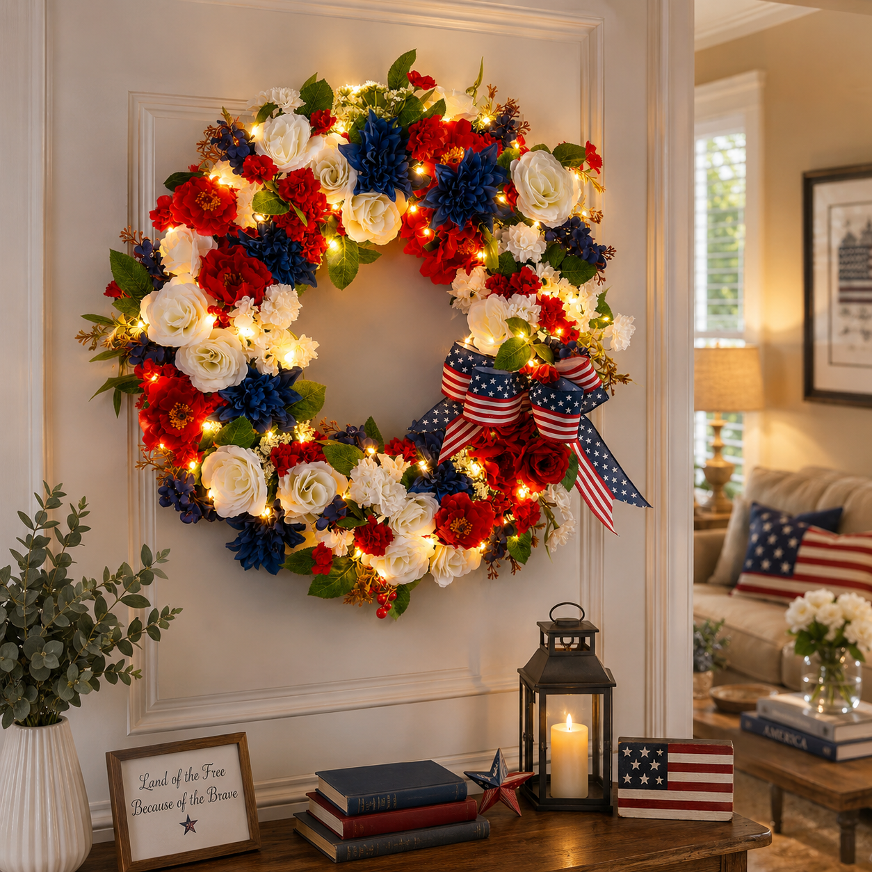 Independence Day Patriotic Wreath with Built-In Lights – Red, White & Blue Summer Door Decoration”