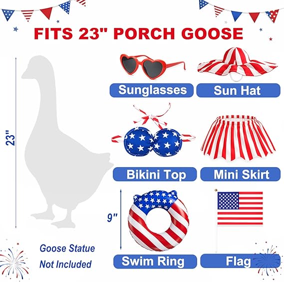 Summer 4th of July Porch Goose Outfit for 23 Inch Goose Statue Funny Patriotic Bikini Style Outdoor Yard Decor
