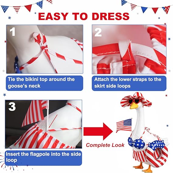 Summer 4th of July Porch Goose Outfit for 23 Inch Goose Statue Funny Patriotic Bikini Style Outdoor Yard Decor