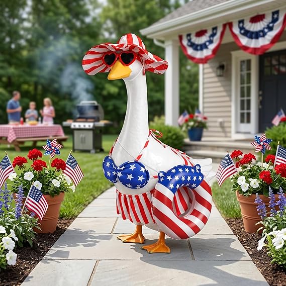 Summer 4th of July Porch Goose Outfit for 23 Inch Goose Statue Funny Patriotic Bikini Style Outdoor Yard Decor