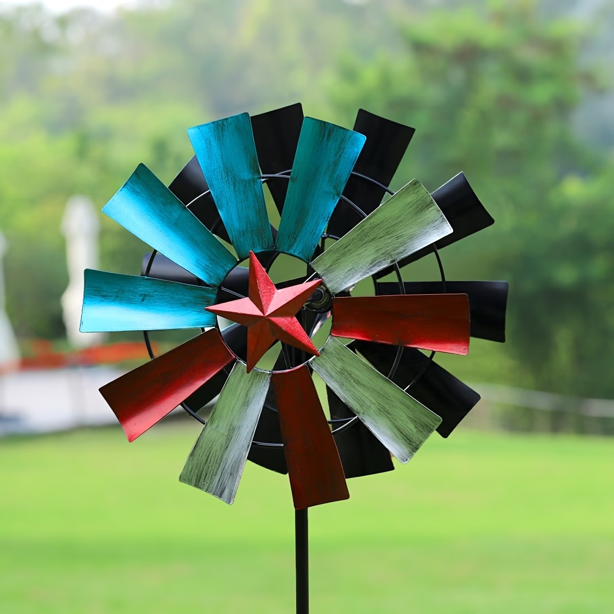 Red, White, and Blue Vintage Star Double-Sided Windmill – Outdoor Wind-Powered Spinner with Ground Stake