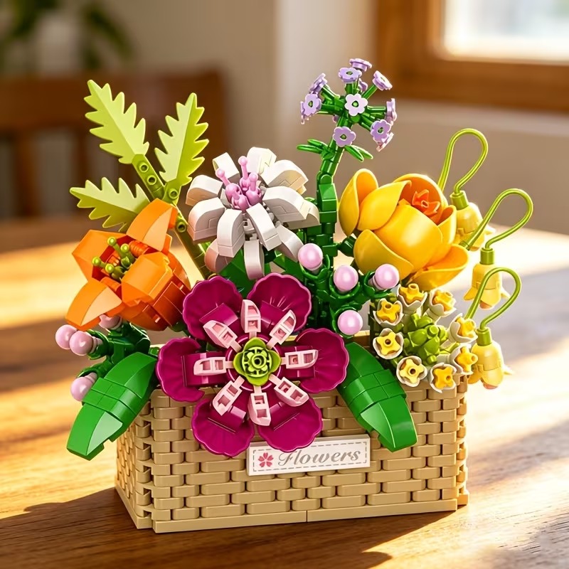 Flower Basket Building Block Set, Floral Set, Building Block Toy Set, Creative Plant Flower Ornament Model Toy