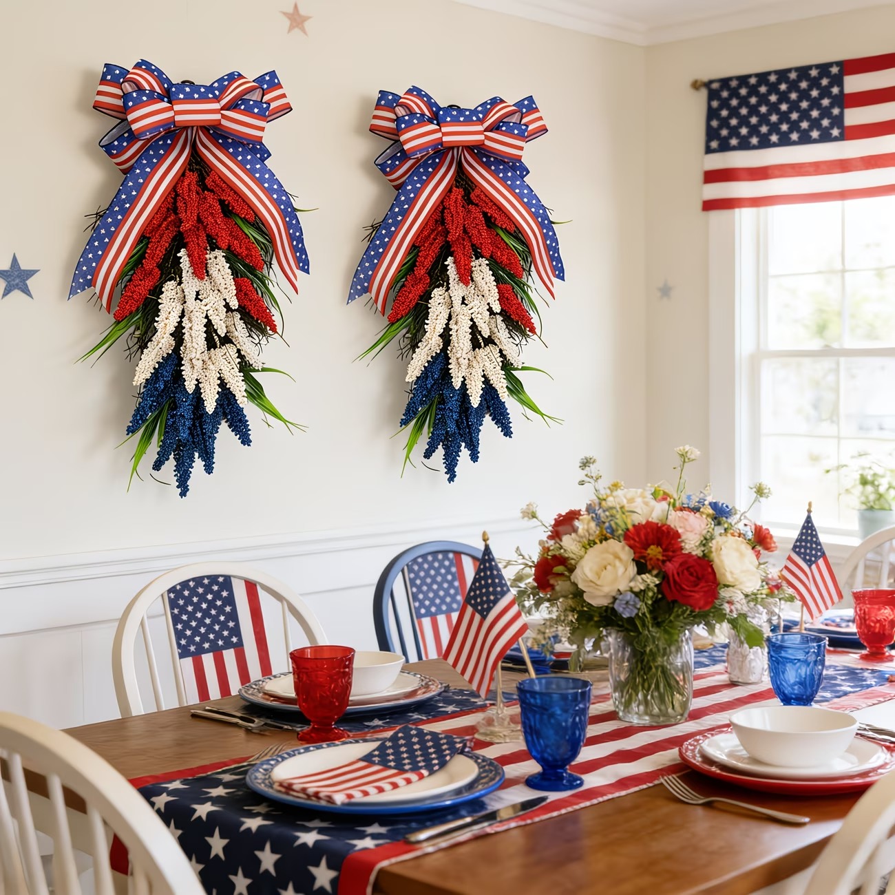 Patriotic Red, White & Blue Vertical Door Swag – PVC Layered Ribbon Wreath with Star-Spangled Bow for Independence Day & Holiday Decor