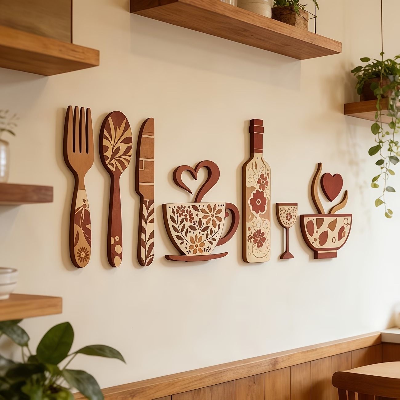 7pcs Creative Wooden Wall Decor Set – Fork, Spoon, Knife, Coffee Cup, Wine Glass & Bottle Designs