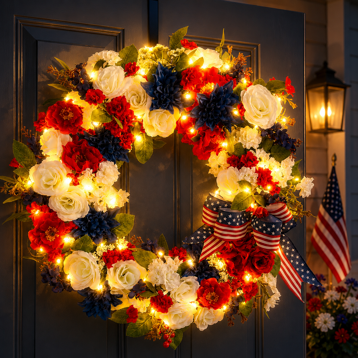 Independence Day Patriotic Wreath with Built-In Lights – Red, White & Blue Summer Door Decoration”