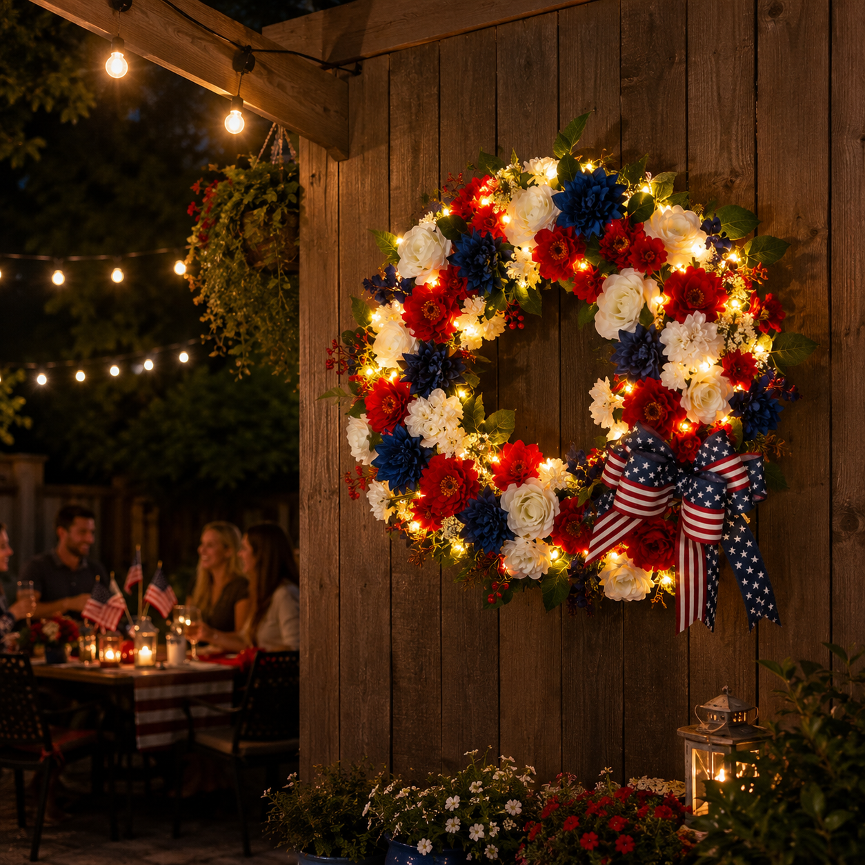 Independence Day Patriotic Wreath with Built-In Lights – Red, White & Blue Summer Door Decoration”