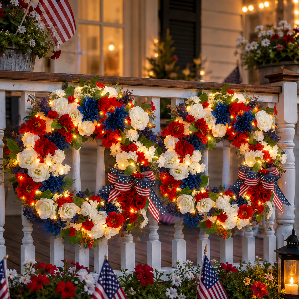 Independence Day Patriotic Wreath with Built-In Lights – Red, White & Blue Summer Door Decoration”