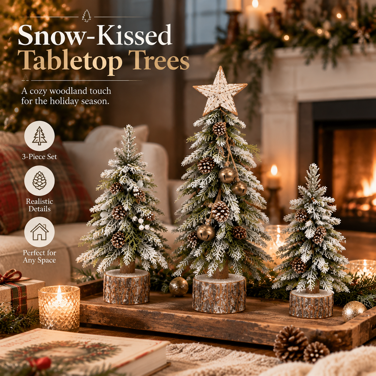 Woman playing piano beside a snow-kissed tabletop Christmas tree
