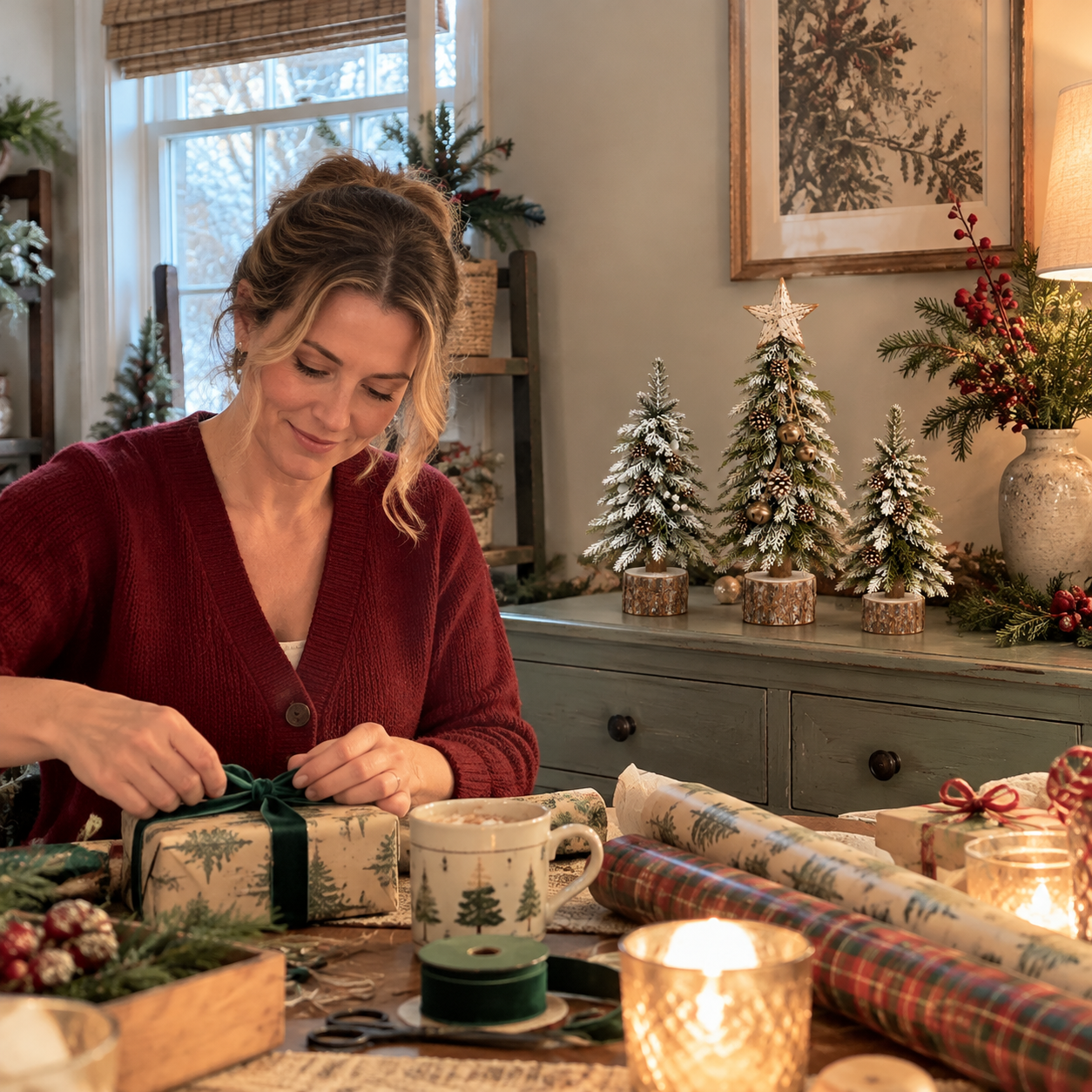 Woman wrapping holiday gifts beside a snow-kissed tabletop Christmas tree