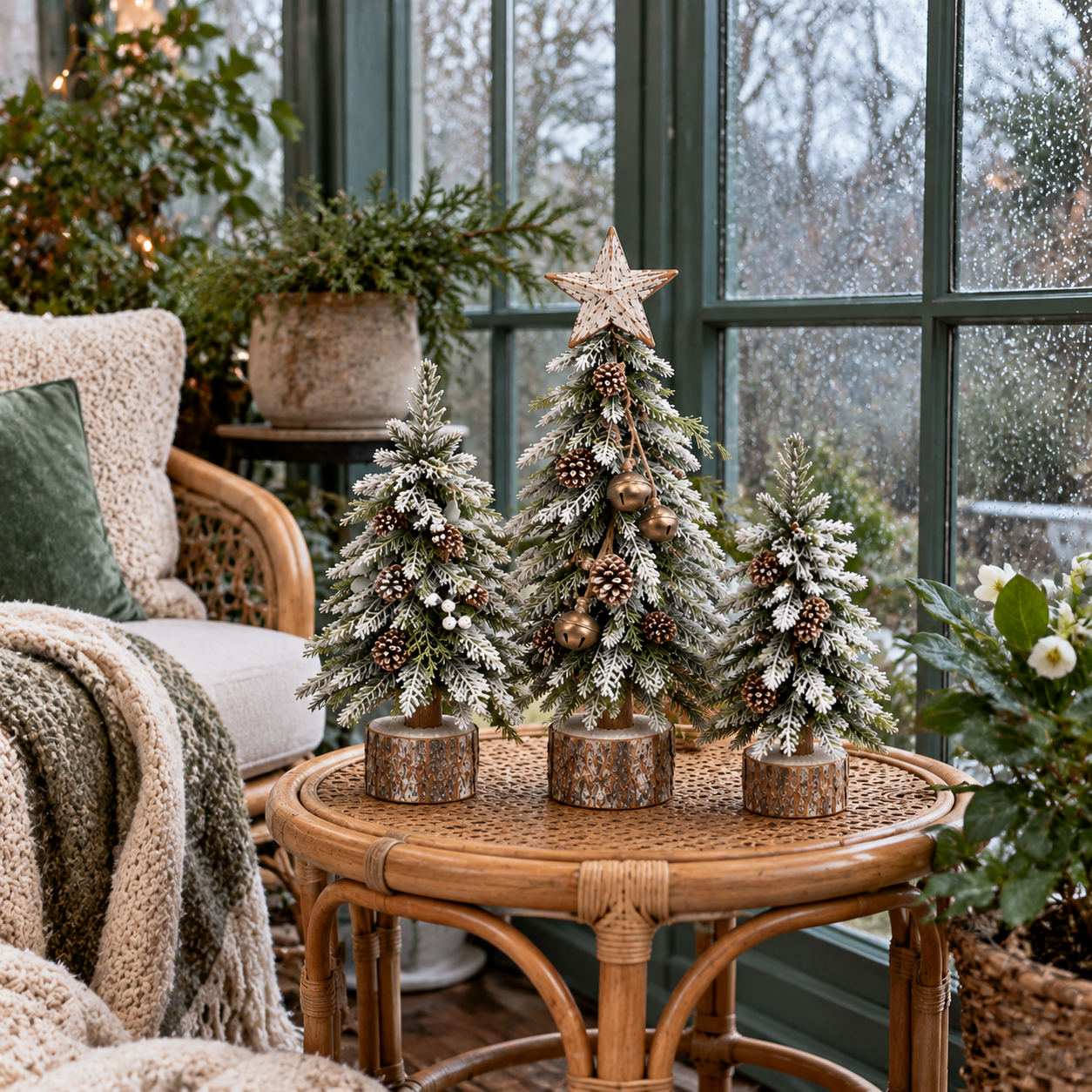 Snow-kissed tabletop Christmas tree on a rattan side table in a bright sunroom