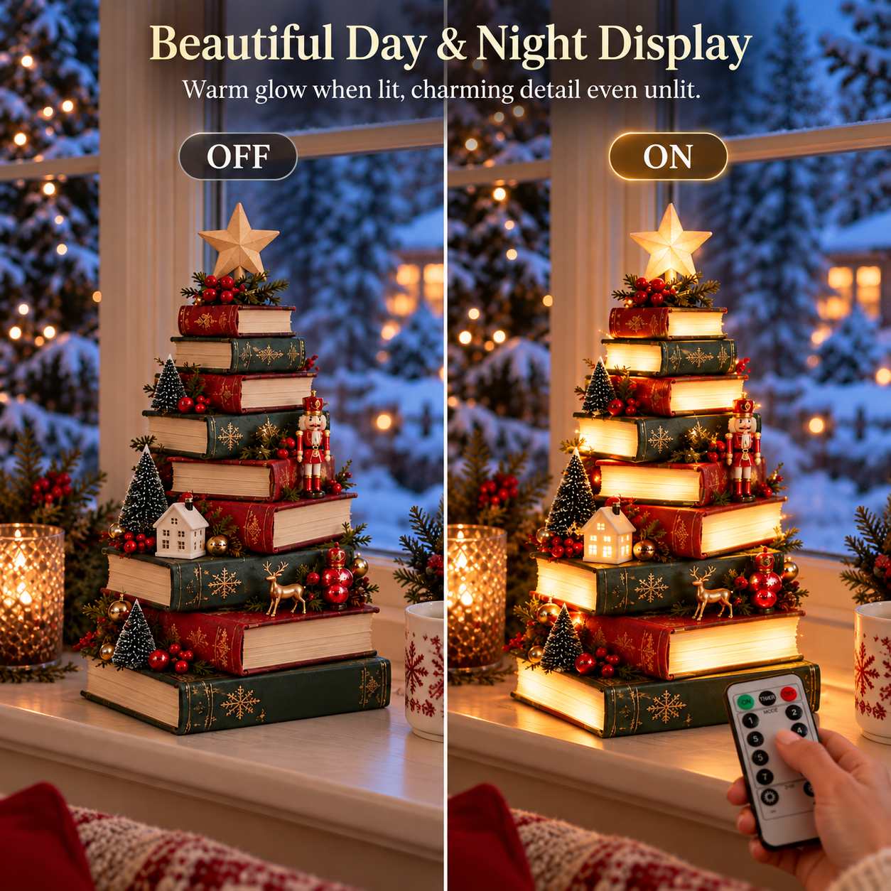 Christmas storybook tree shown with the lights off and on