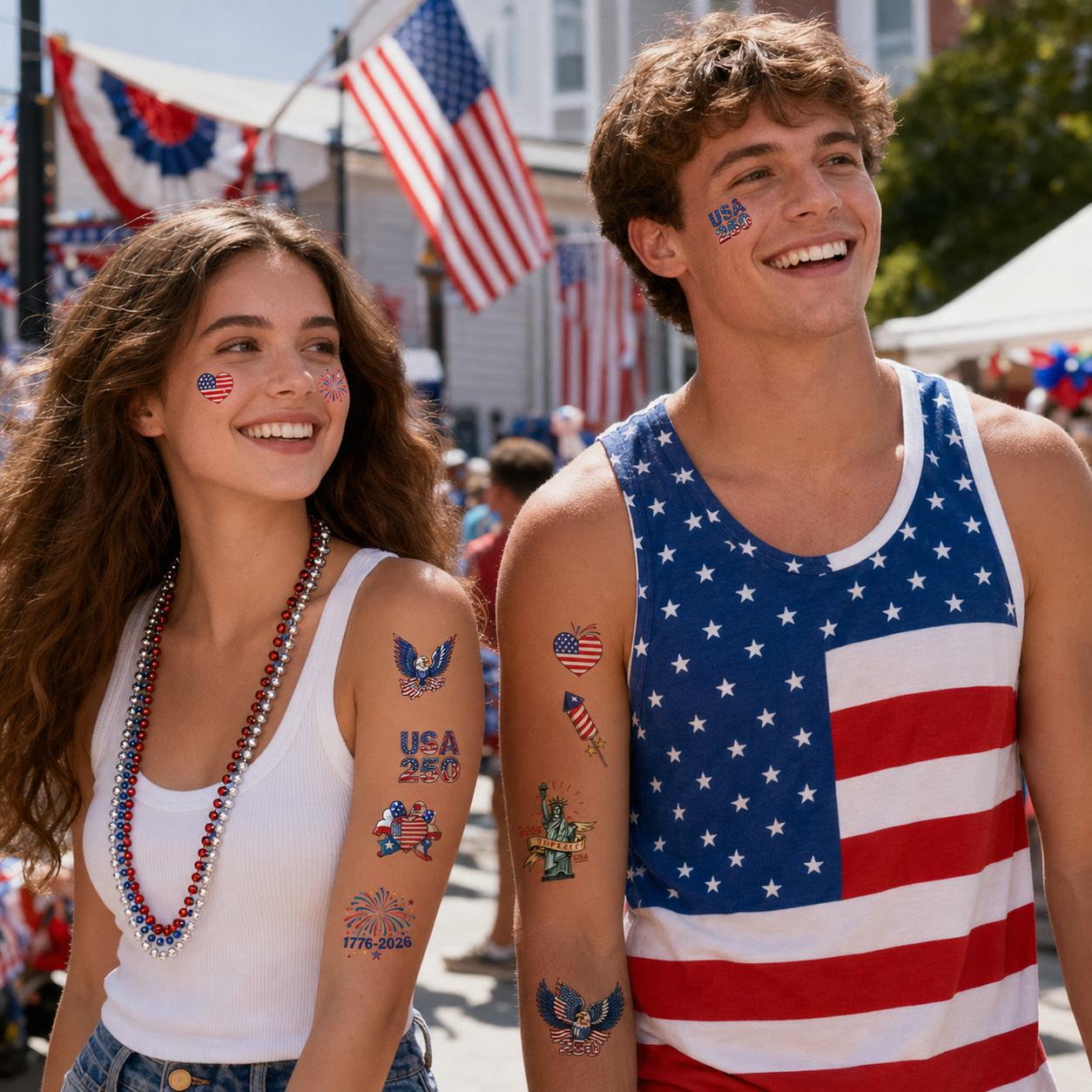 USA 250th Independence Day Temporary Tattoos – Patriotic 4th of July Body Stickers for Kids & Adults