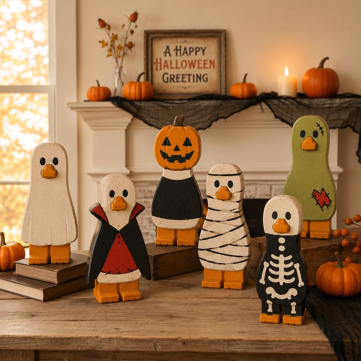 Spooky Halloween Duck Figurines – Wooden Tabletop Decorations