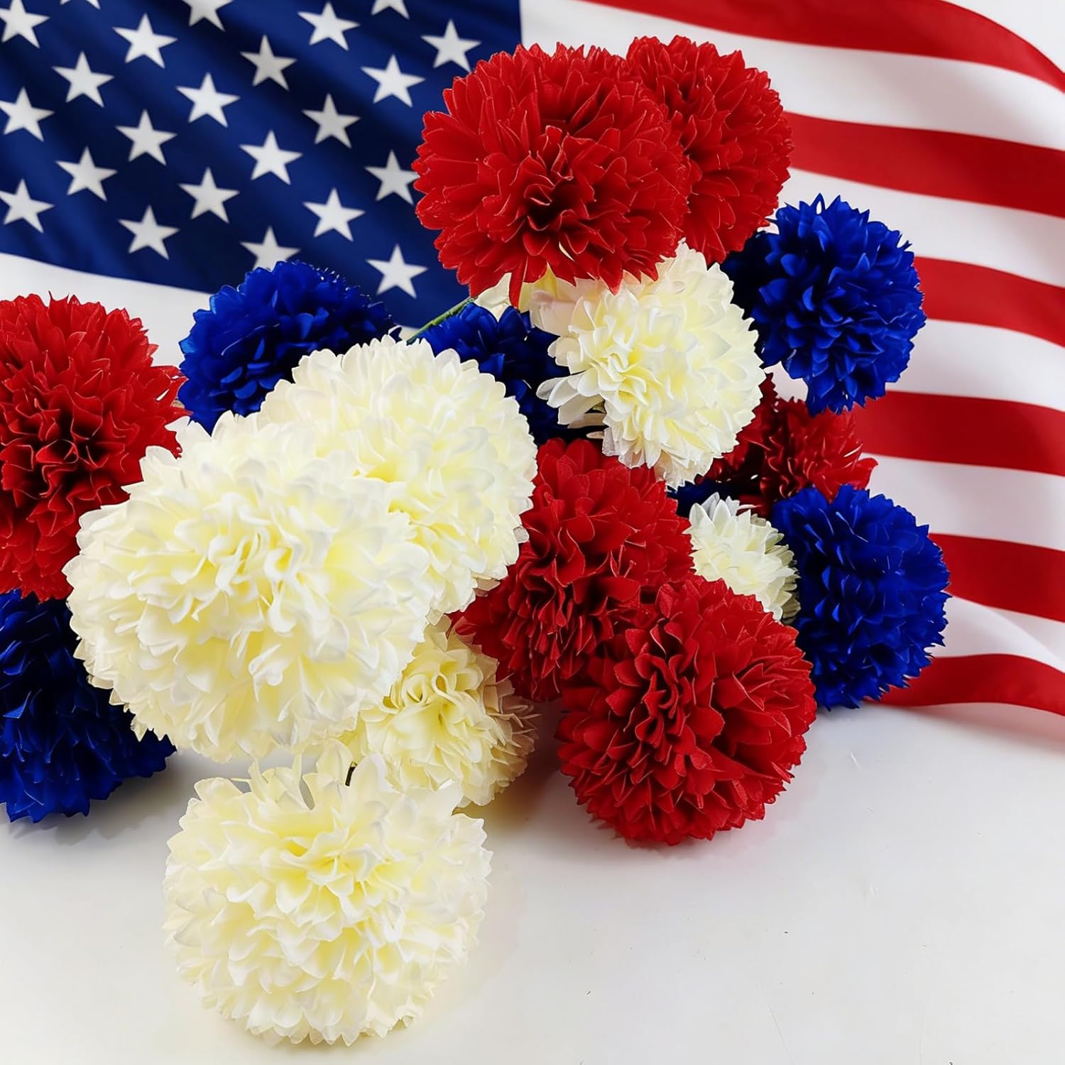 YOOHUA 12PCS Artificial Chrysanthemums Flowers Patriotic Flower, 4th of July Fake Mums Flowers Silk for Home Decor Indoor Memorial Day Table Centerpiece (12, Red, White, Blue)