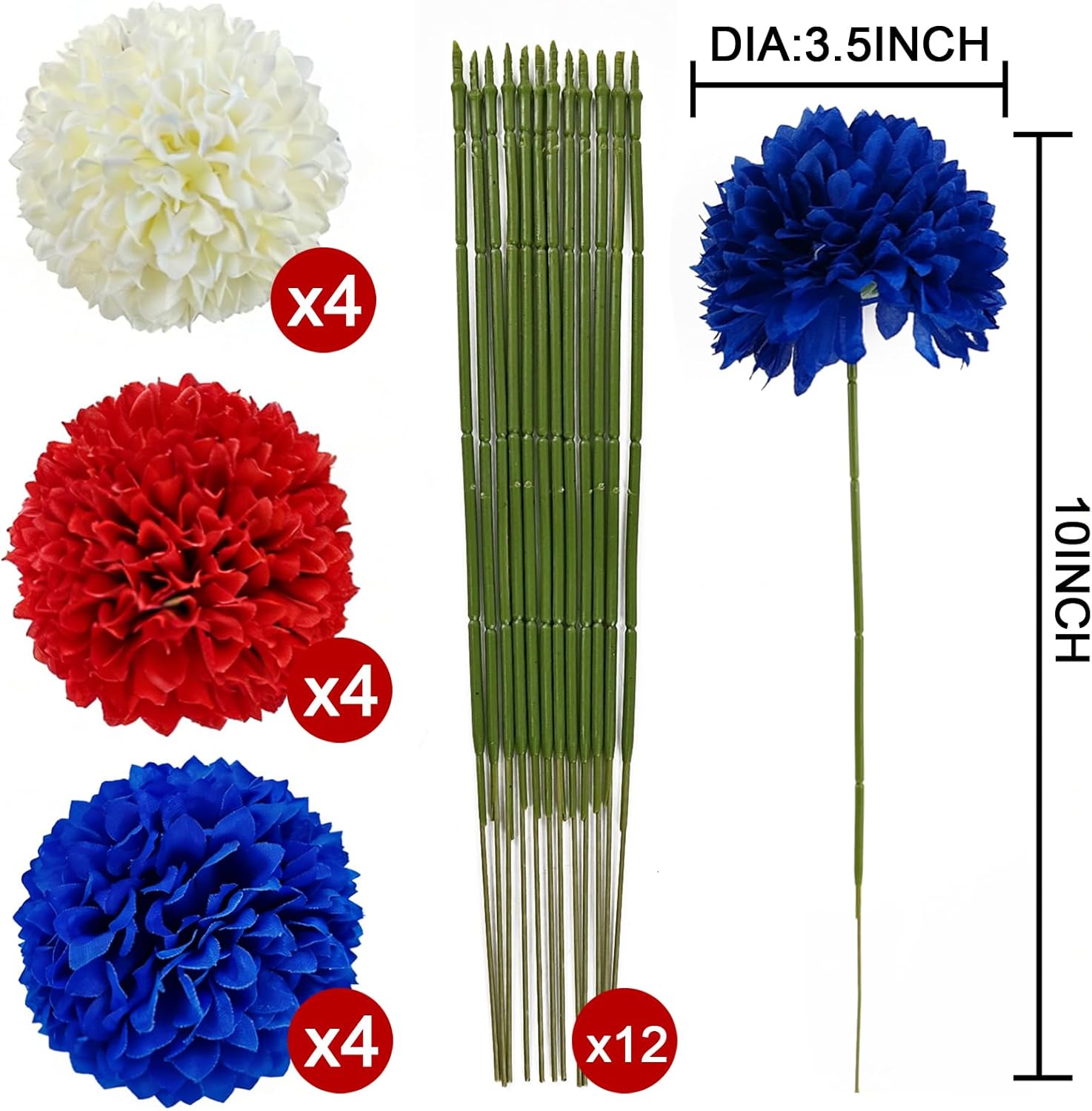 YOOHUA 12PCS Artificial Chrysanthemums Flowers Patriotic Flower, 4th of July Fake Mums Flowers Silk for Home Decor Indoor Memorial Day Table Centerpiece (12, Red, White, Blue)
