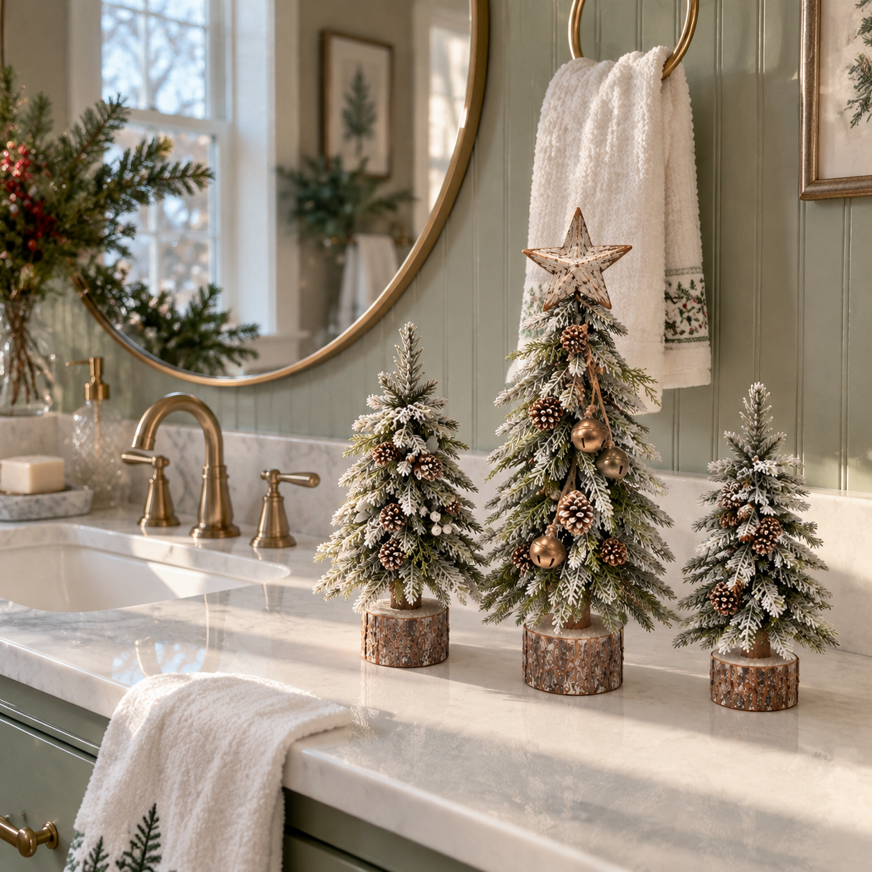 Snow-kissed tabletop Christmas tree styling inspiration beside a winter window