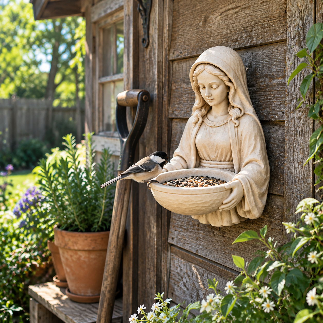 Sculpted bird feeder displayed in a peaceful garden setting