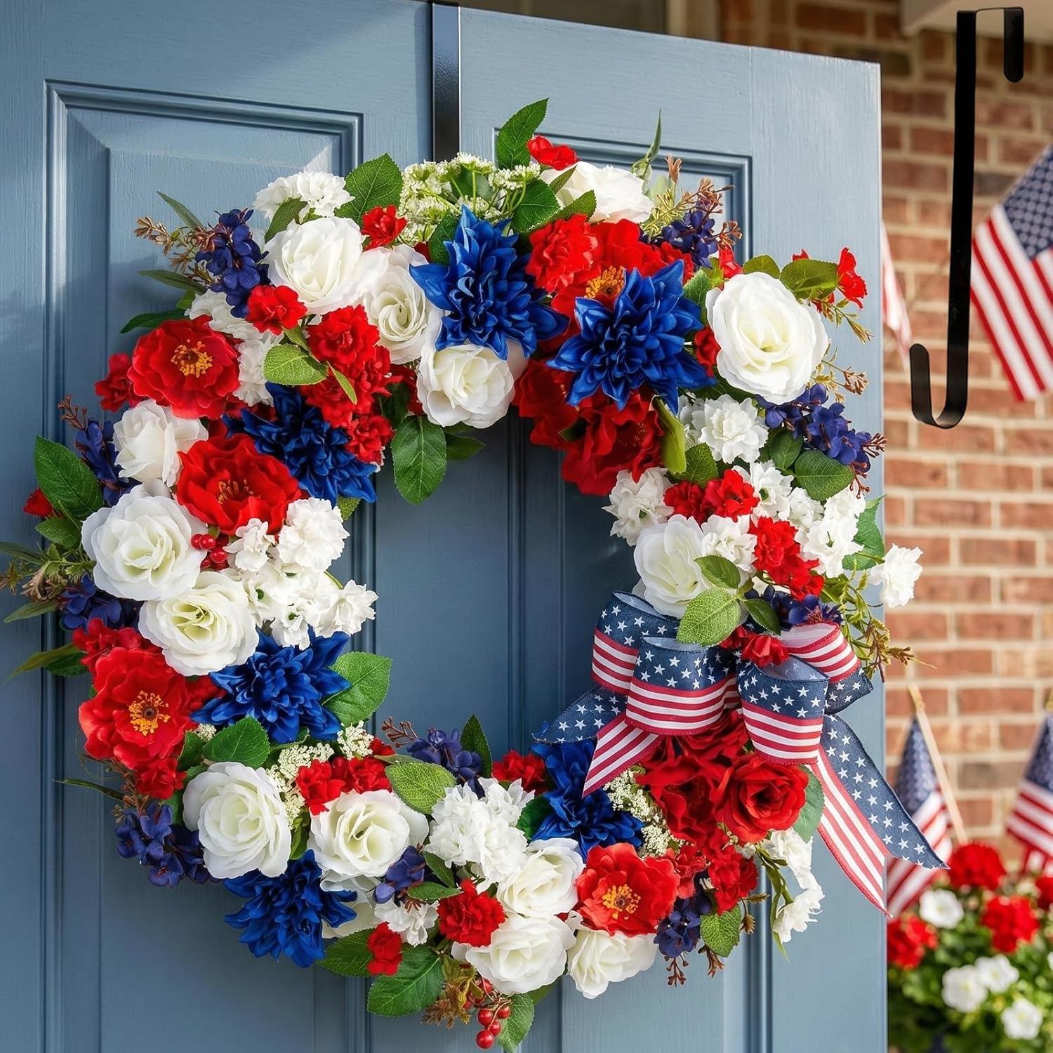 Patriotic 4th of July Wreath  Handmade Red, White & Blue Flower Door Wreath with American Flag Bow for Independence Day, Memorial Day, Veterans Day