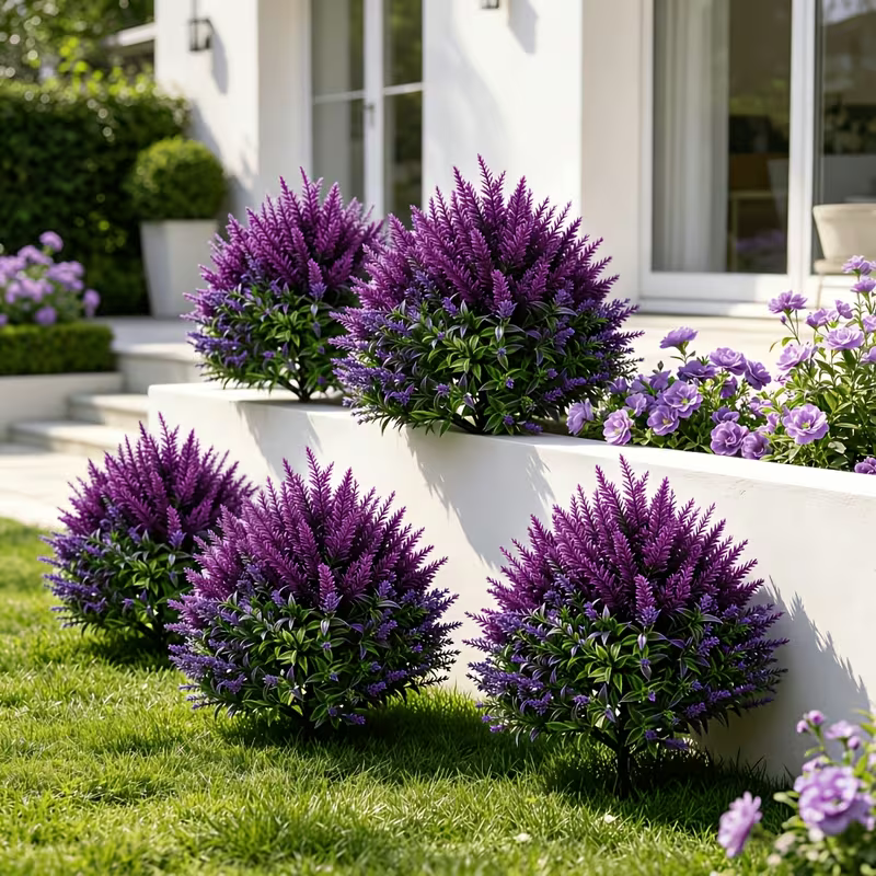 Artificial Lavender Topiary Stakes, Purple Faux Plants with Green Foliage, Indoor/Outdoor Decorative Garden Ornaments