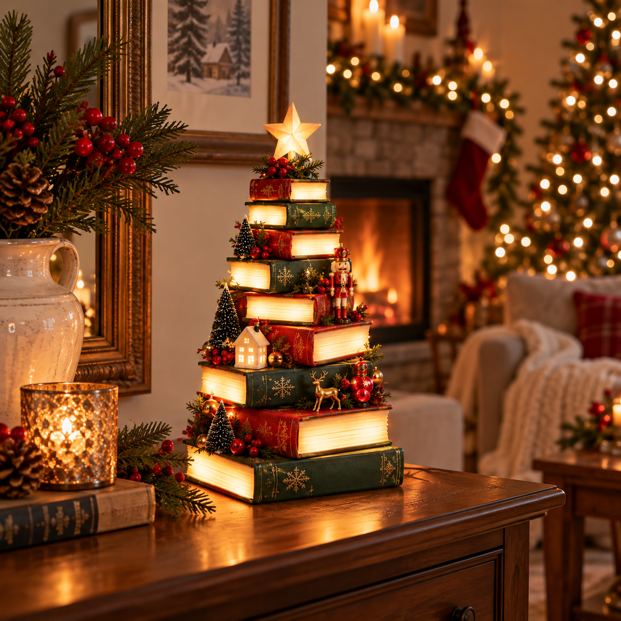 Starlit Storybook Tree glowing on a Christmas entryway table
