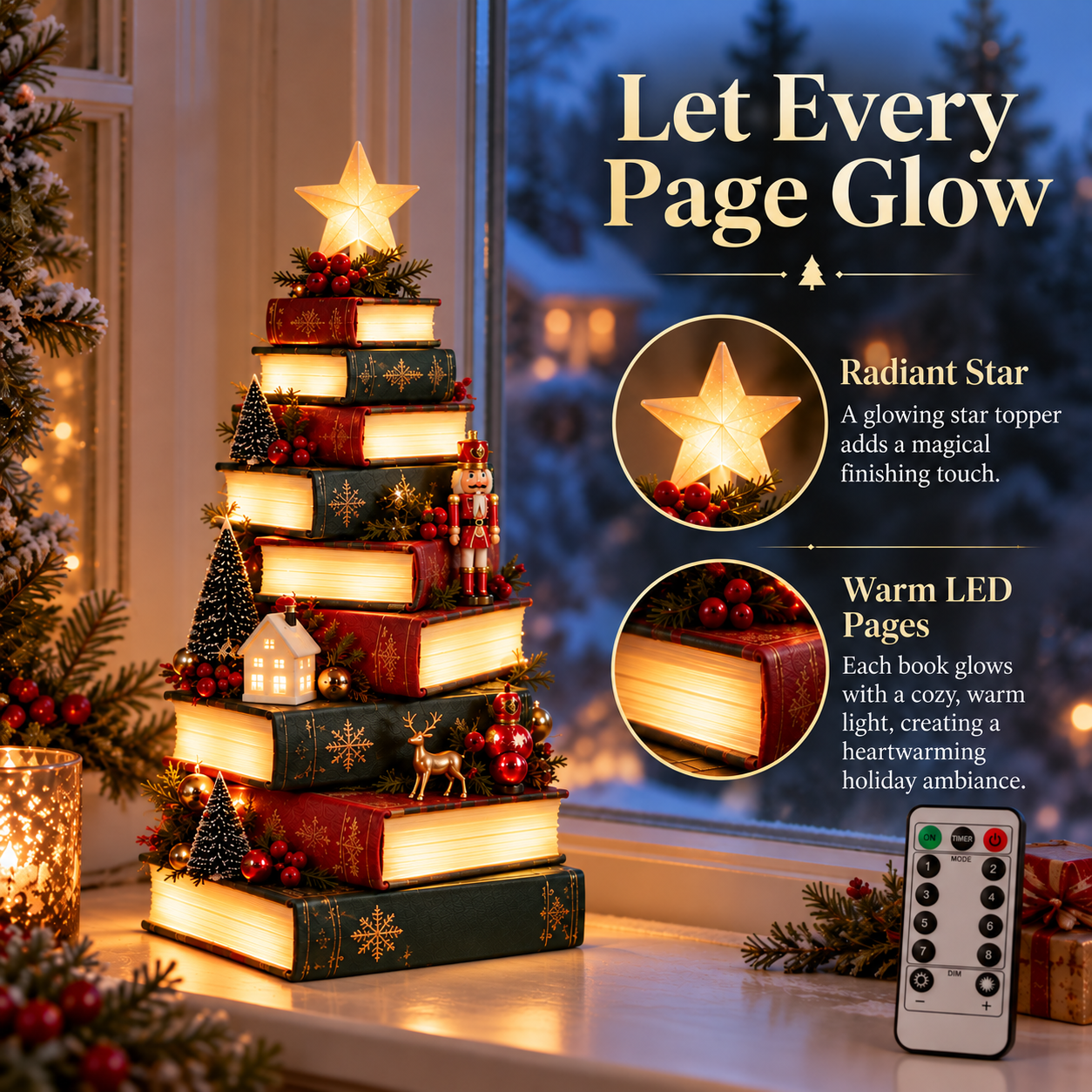 Detailed view of warm LED book pages and illuminated star