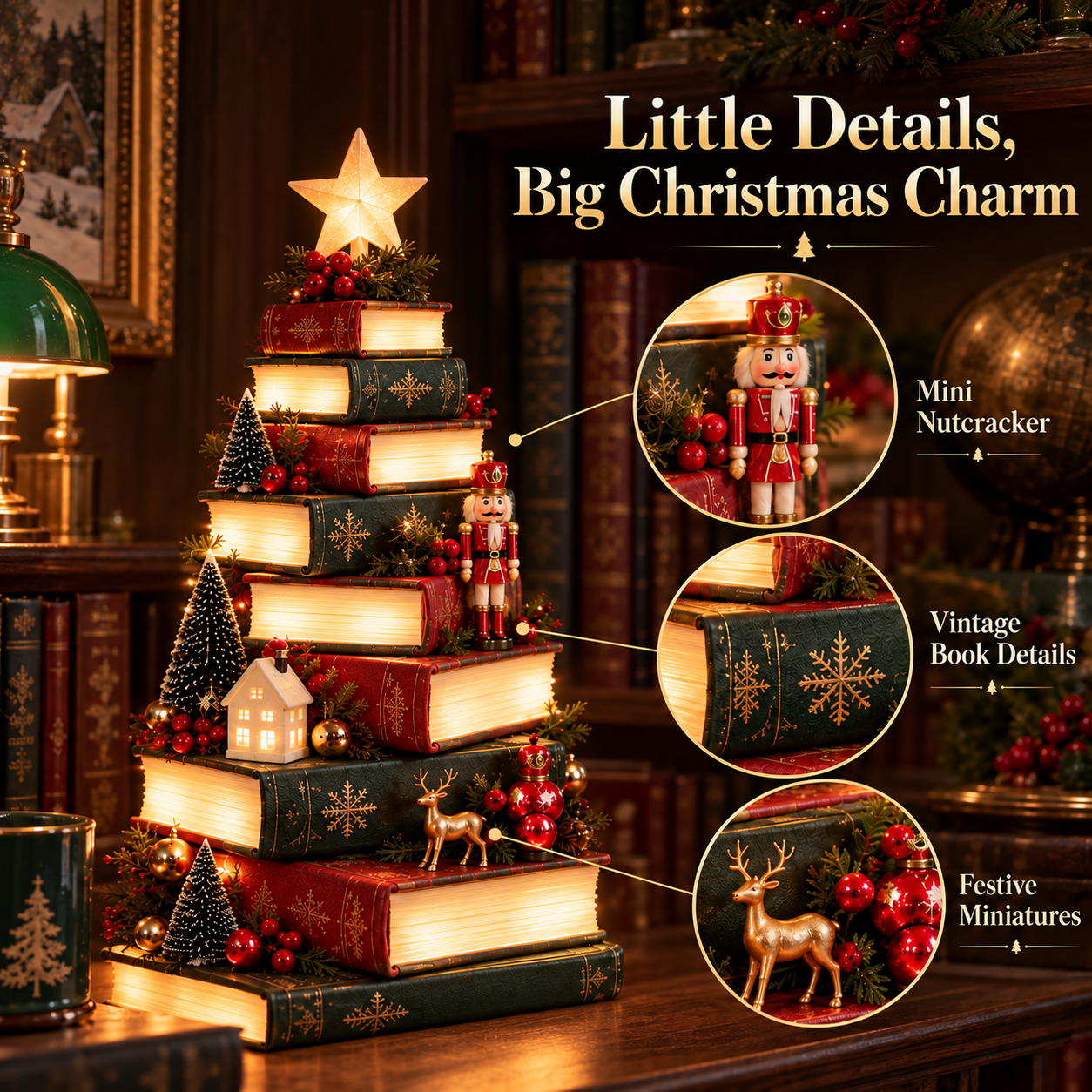 Close-up of nutcracker, vintage book details, and miniature Christmas accents