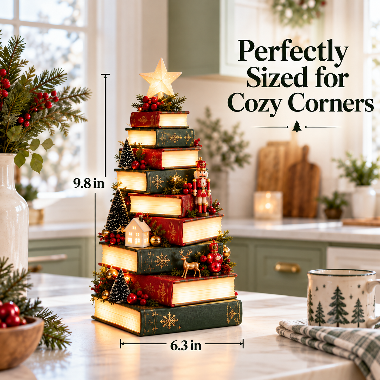 Dimension guide for the 9.8-inch-tall Christmas book tree