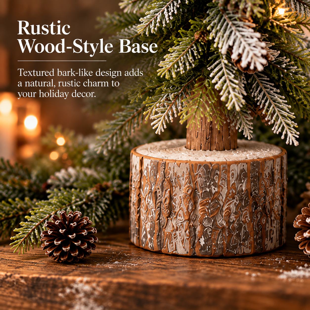 Close view of the rustic wood-look tree bases