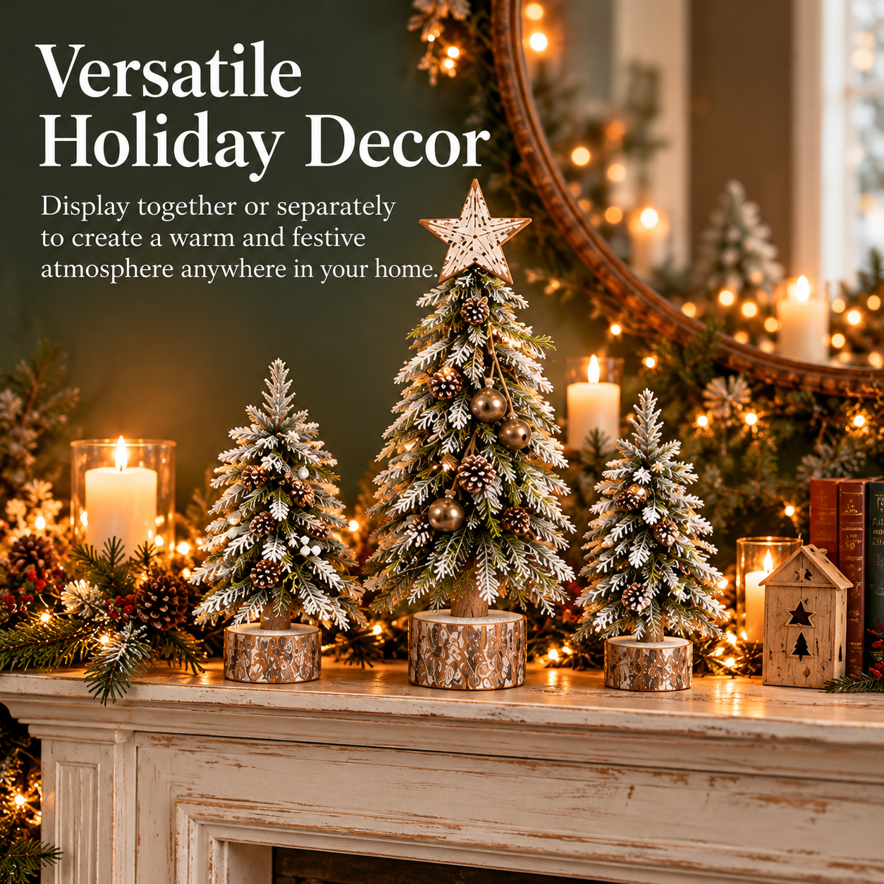Snow-kissed tabletop tree styled as versatile holiday decor