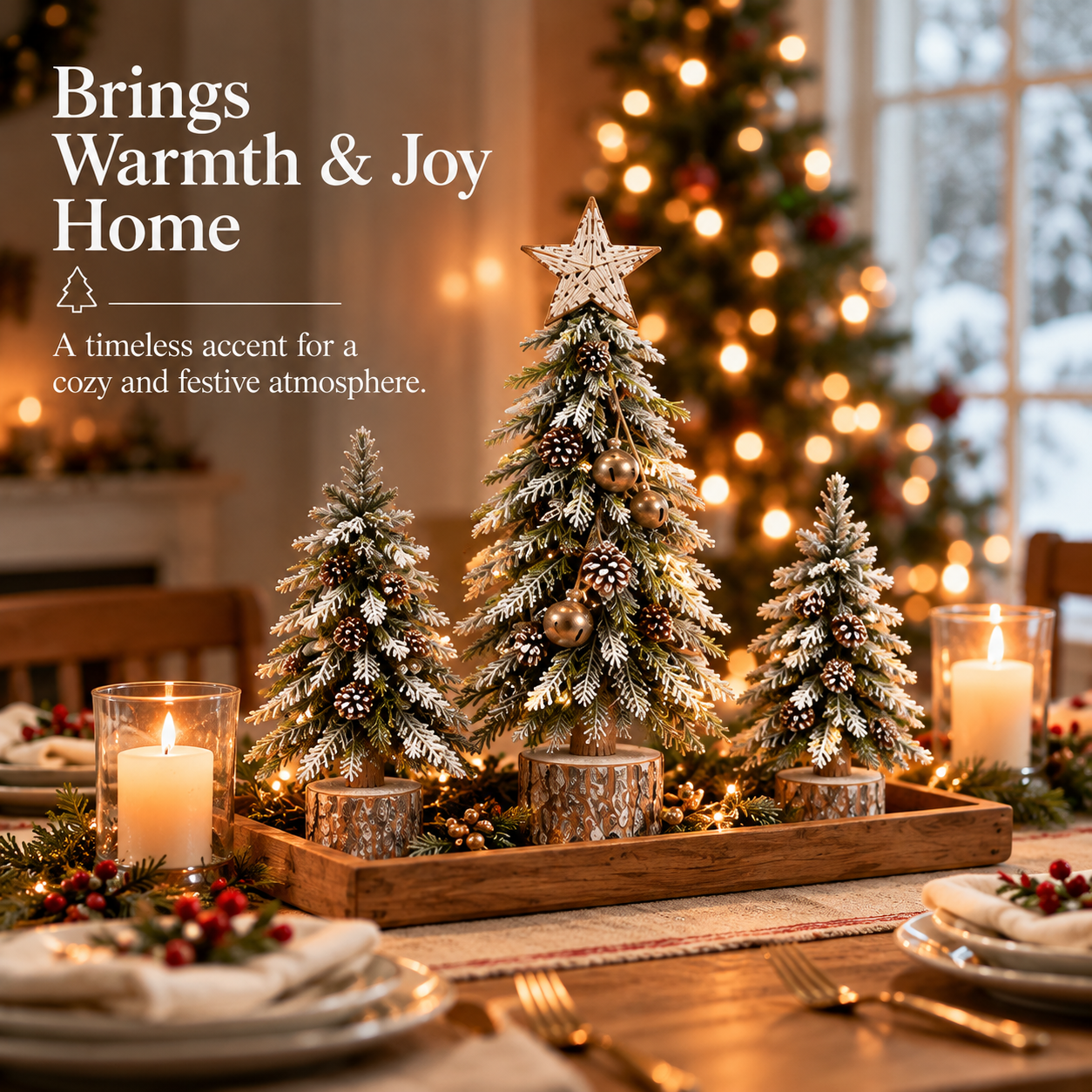 Snow-kissed tabletop Christmas tree styled on a warm holiday dining table