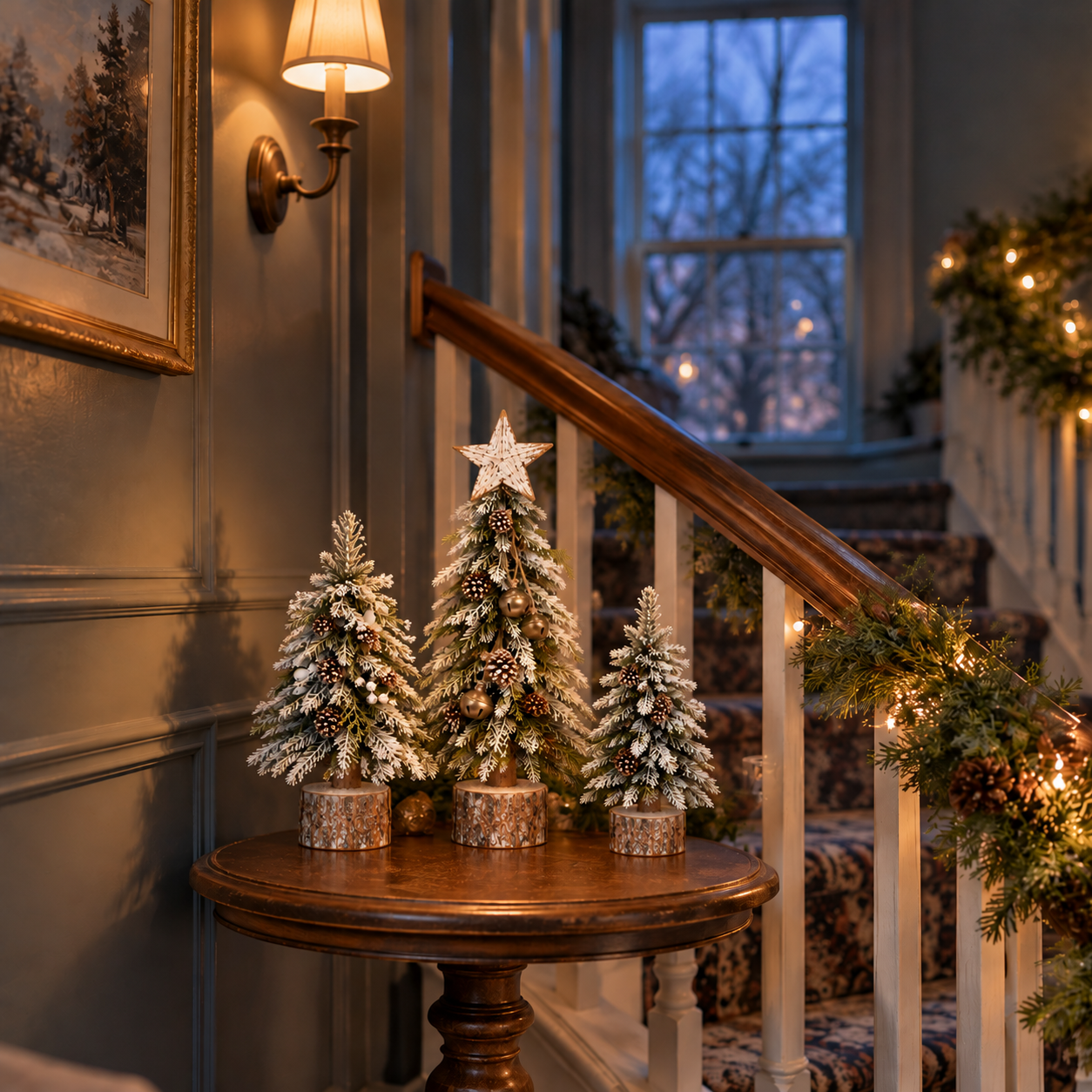 Snow-kissed tabletop Christmas tree on a round entryway table at night