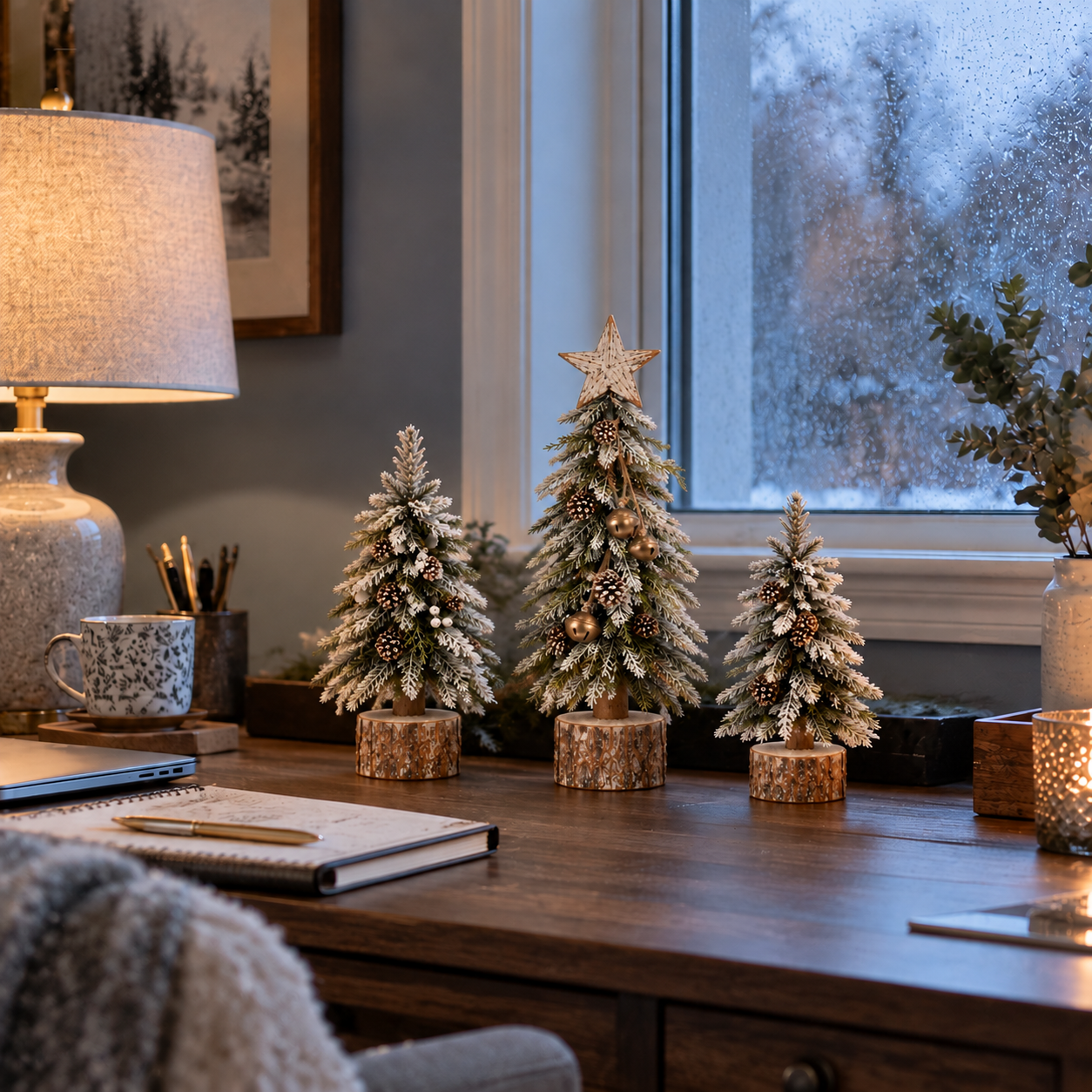 Frosted tabletop Christmas tree arranged for the holidays