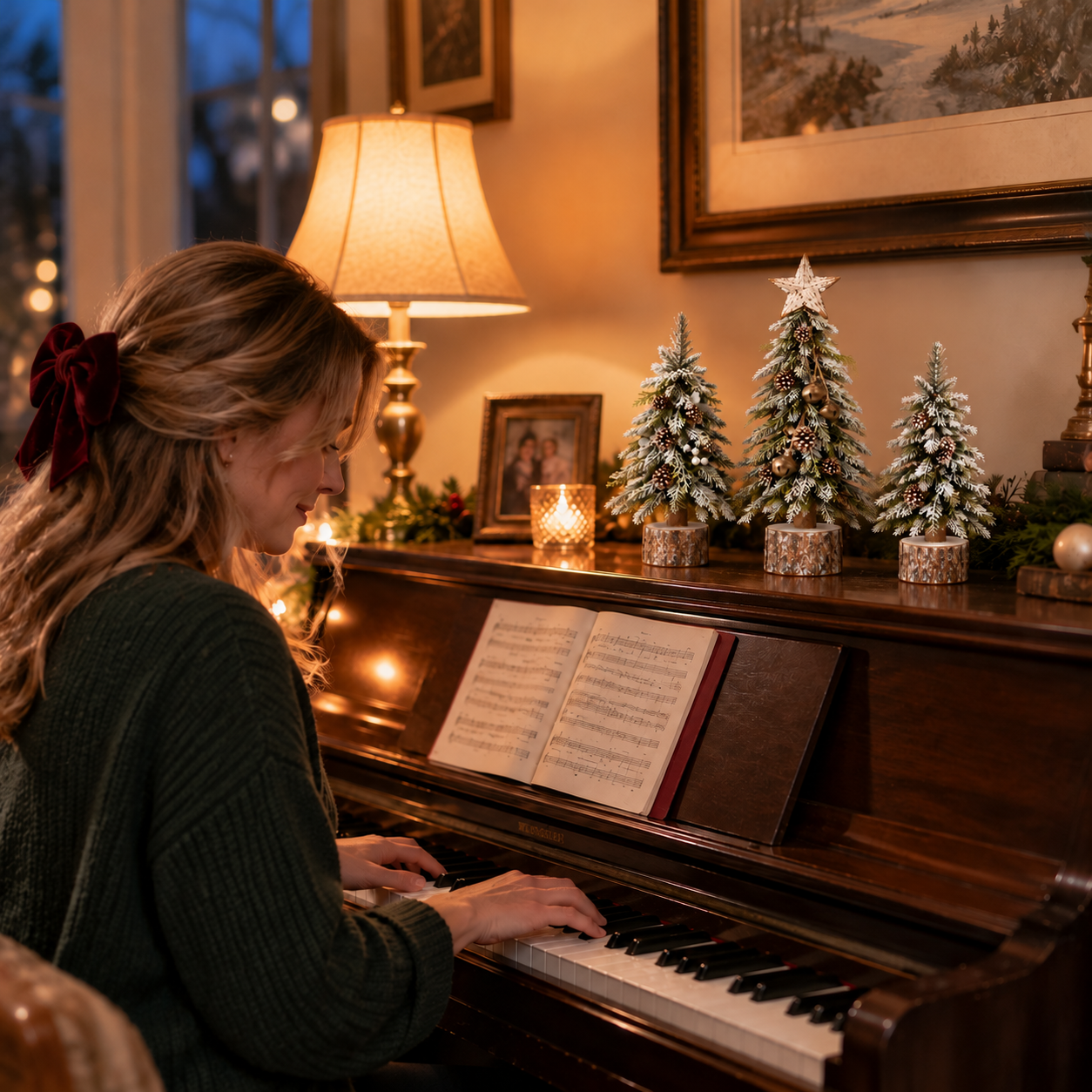 Snow-kissed tabletop Christmas tree creating a cozy holiday corner