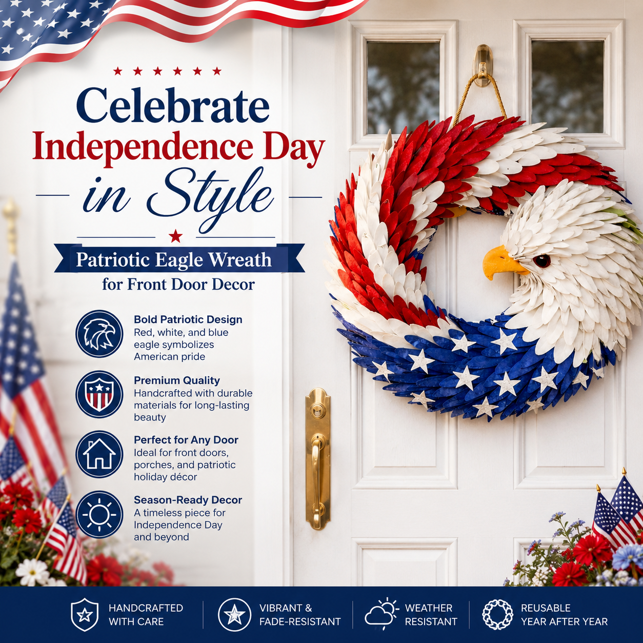 Patriotic Eagle Wreath – 4th of July American Flag Door Decoration