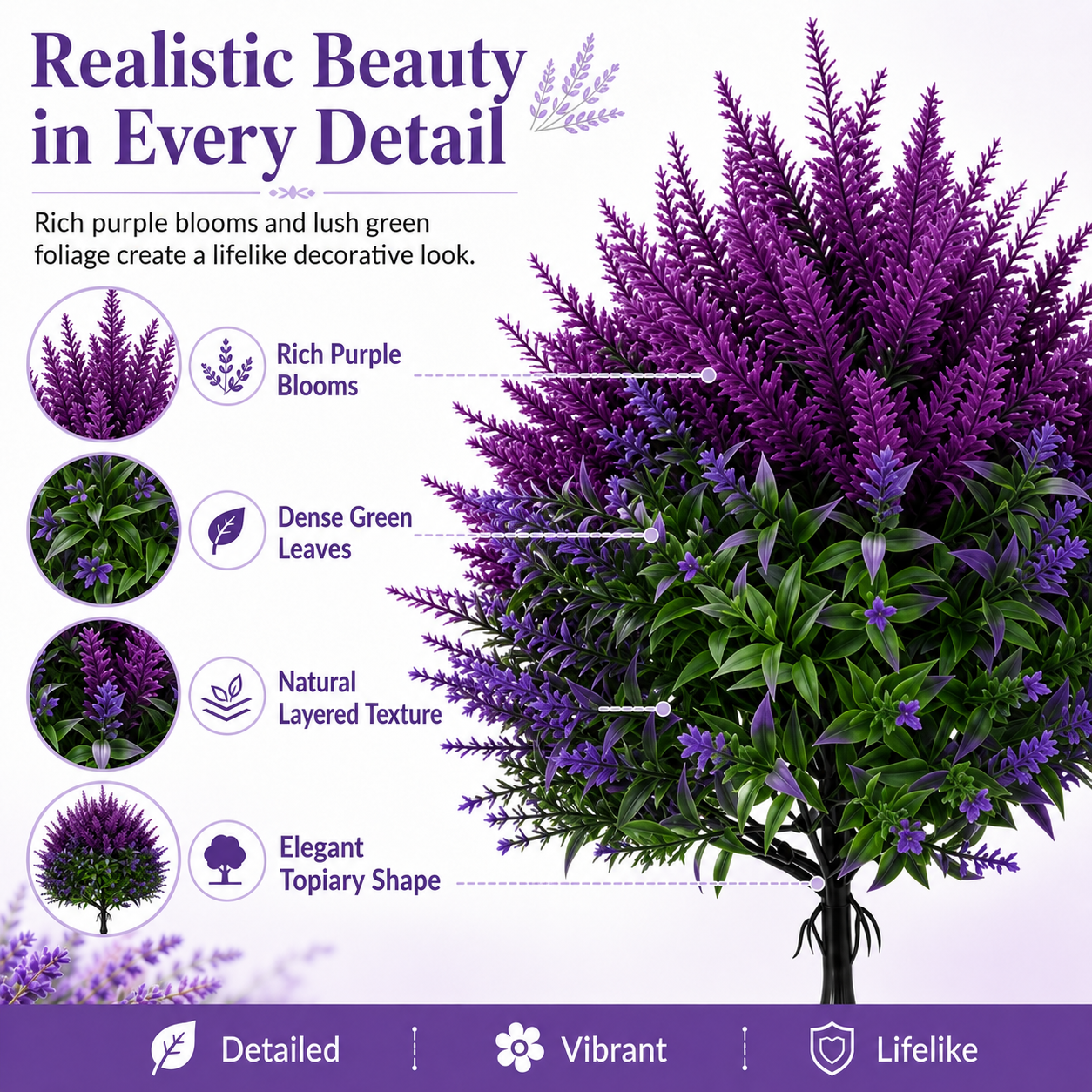 Artificial Lavender Topiary Stakes, Purple Faux Plants with Green Foliage, Indoor/Outdoor Decorative Garden Ornaments