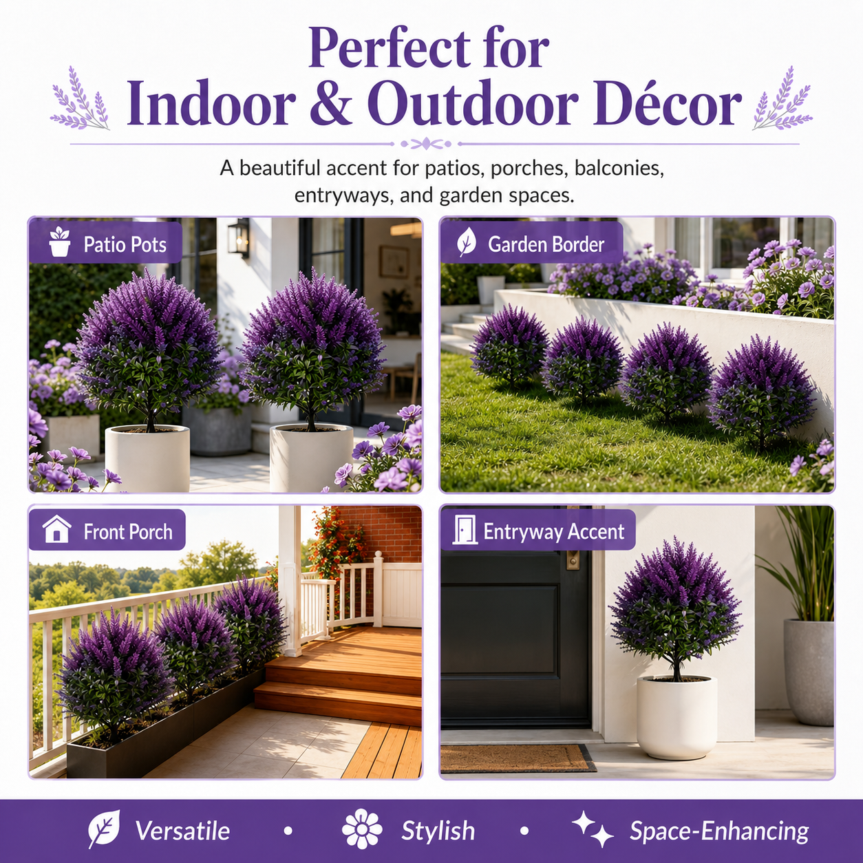 Artificial Lavender Topiary Stakes, Purple Faux Plants with Green Foliage, Indoor/Outdoor Decorative Garden Ornaments