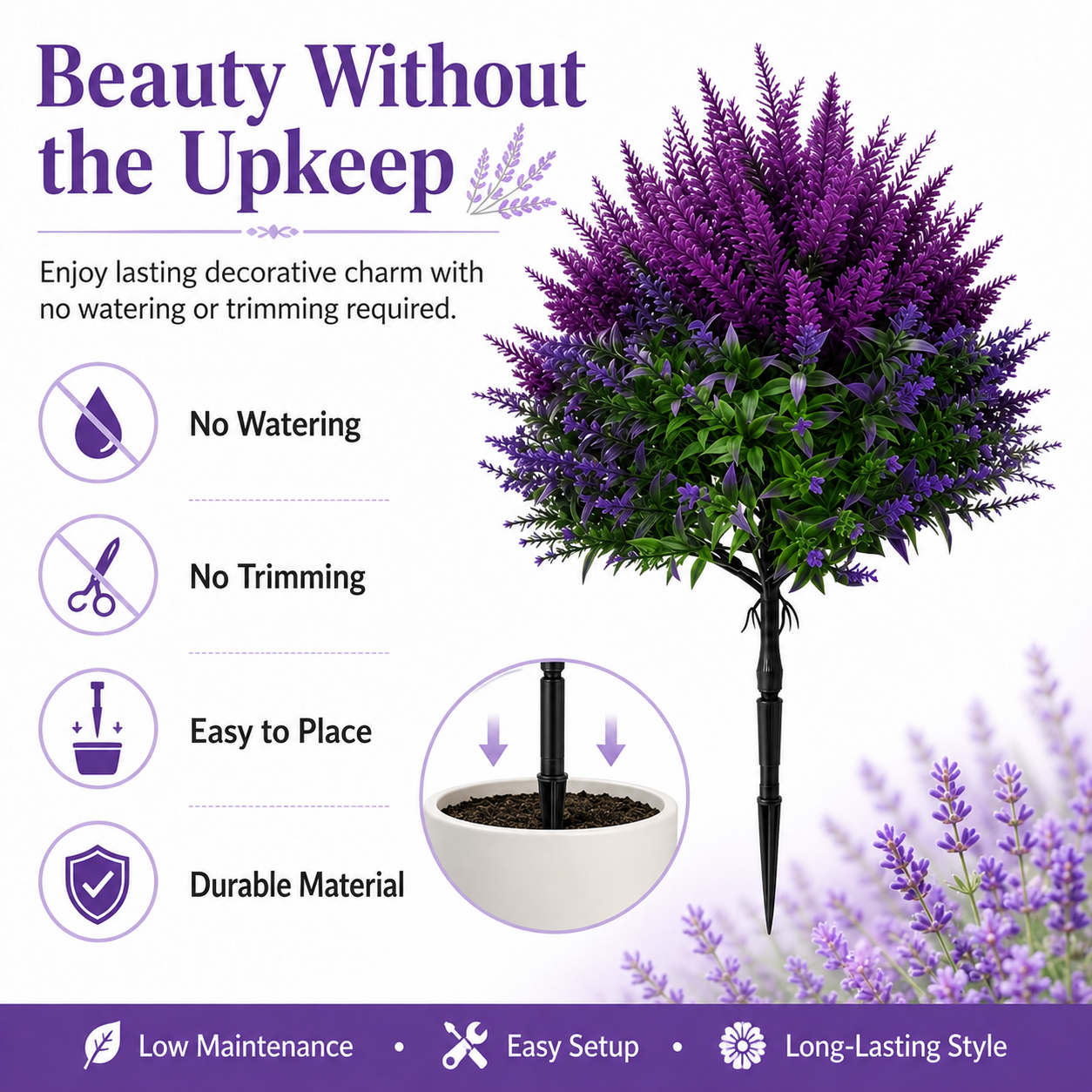 Artificial Lavender Topiary Stakes, Purple Faux Plants with Green Foliage, Indoor/Outdoor Decorative Garden Ornaments
