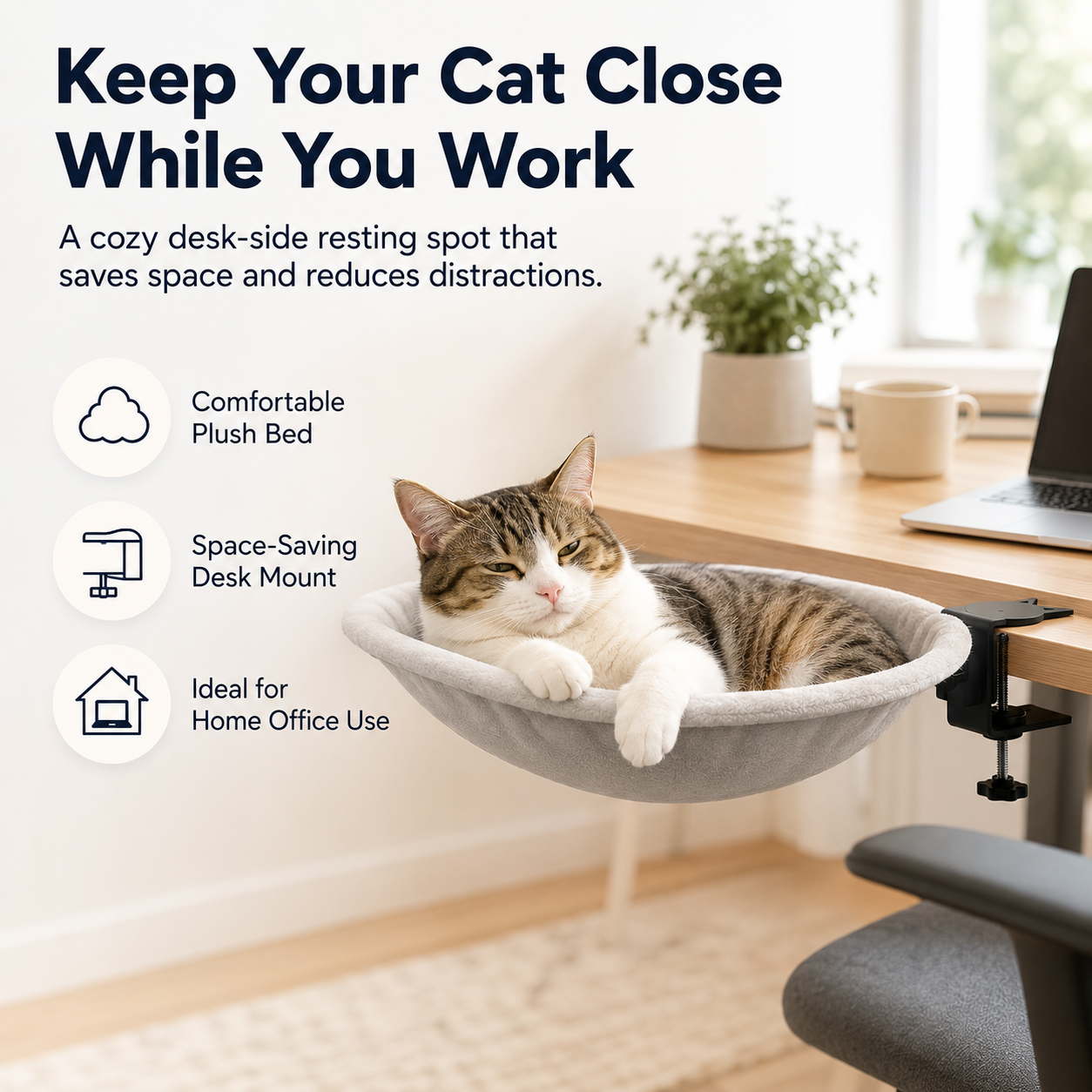 Cat Desk Bed – Rotating Cozy Cat Hammock for Office Desks, Machine Washable, Adjustable Clamp Mount