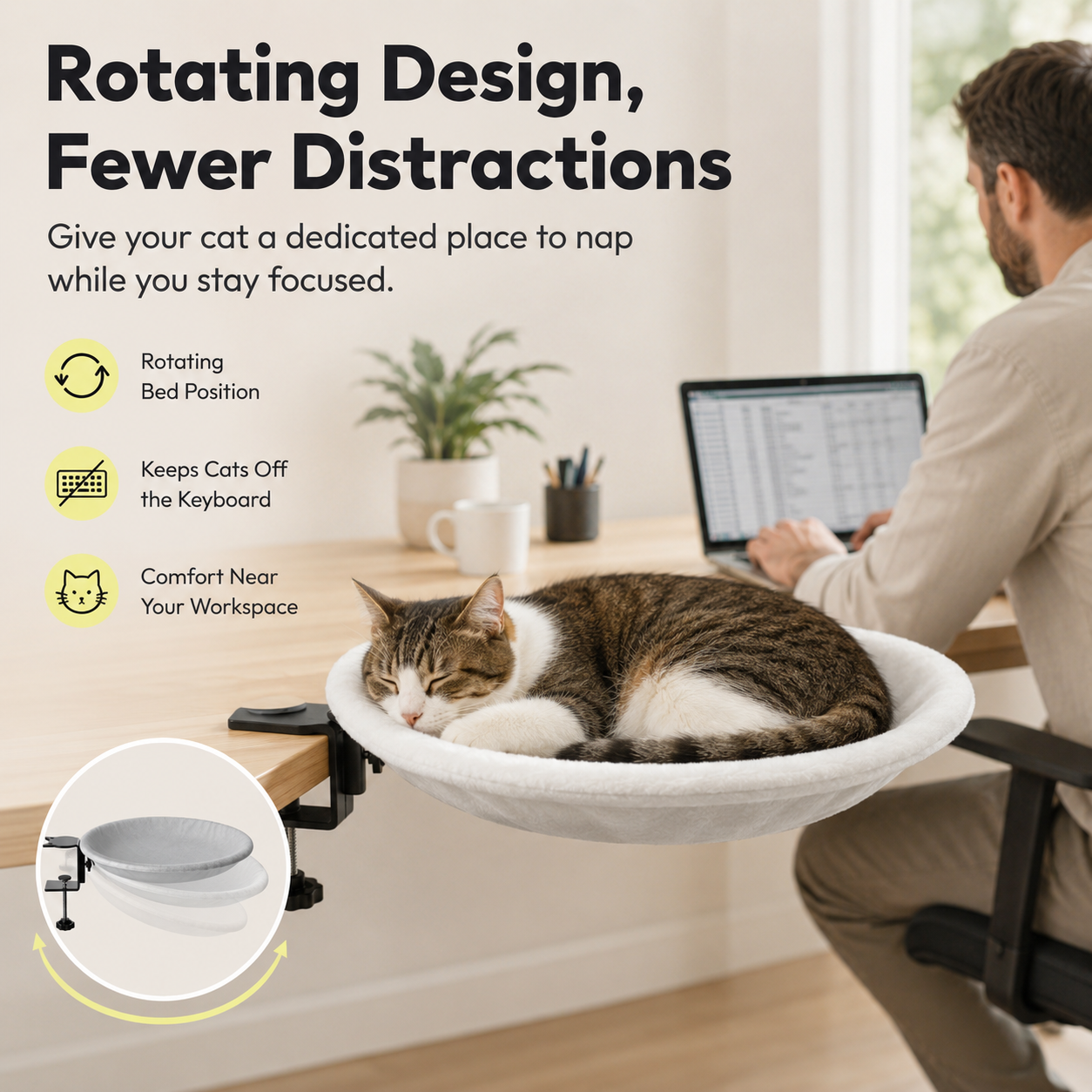 Cat Desk Bed – Rotating Cozy Cat Hammock for Office Desks, Machine Washable, Adjustable Clamp Mount