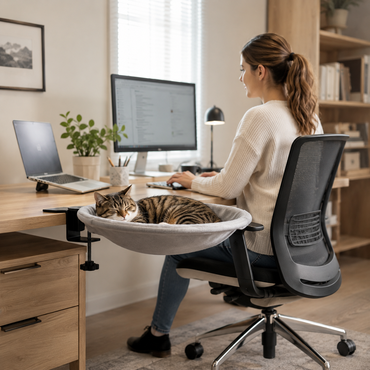 Cat Desk Bed – Rotating Cozy Cat Hammock for Office Desks, Machine Washable, Adjustable Clamp Mount