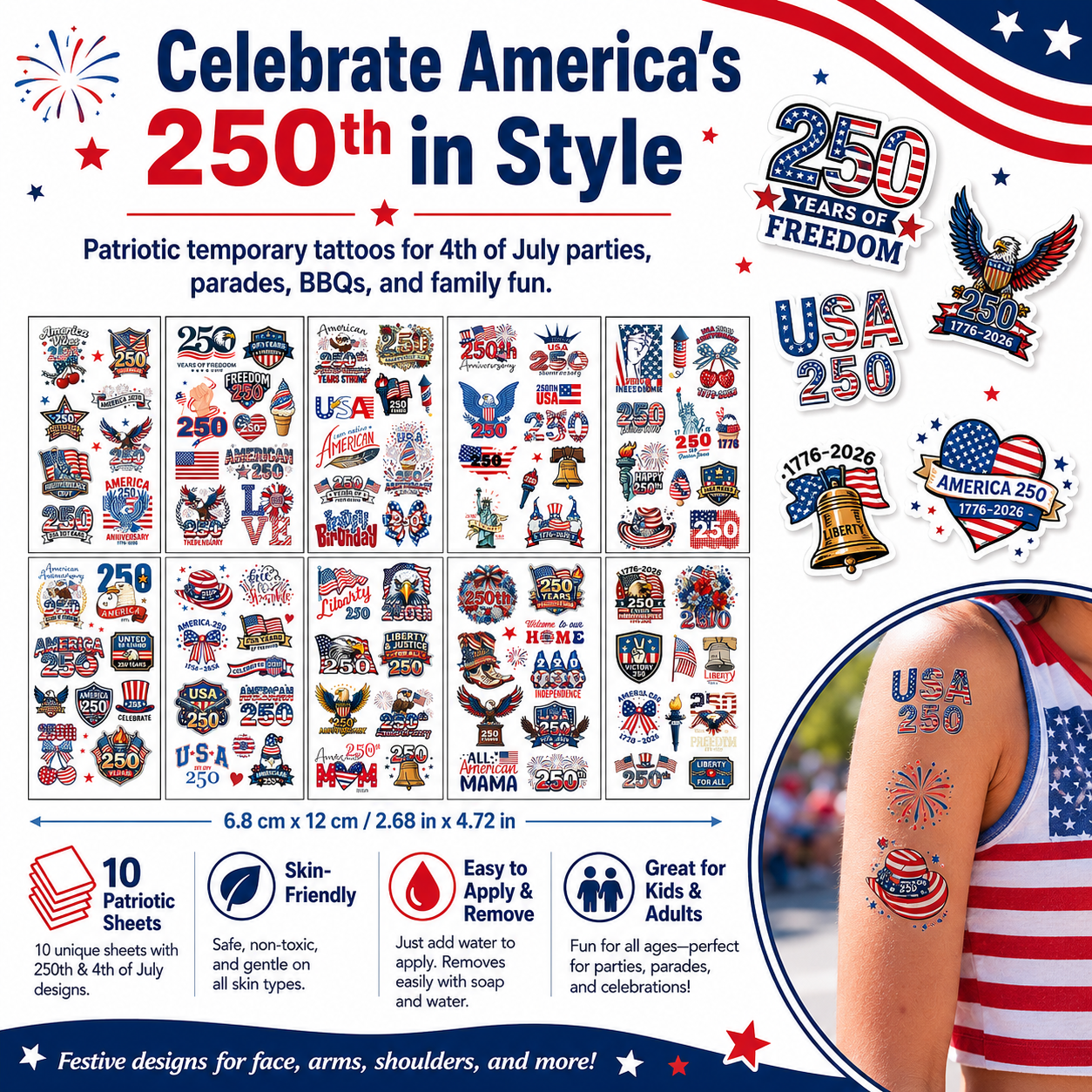 USA 250th Independence Day Temporary Tattoos – Patriotic 4th of July Body Stickers for Kids & Adults