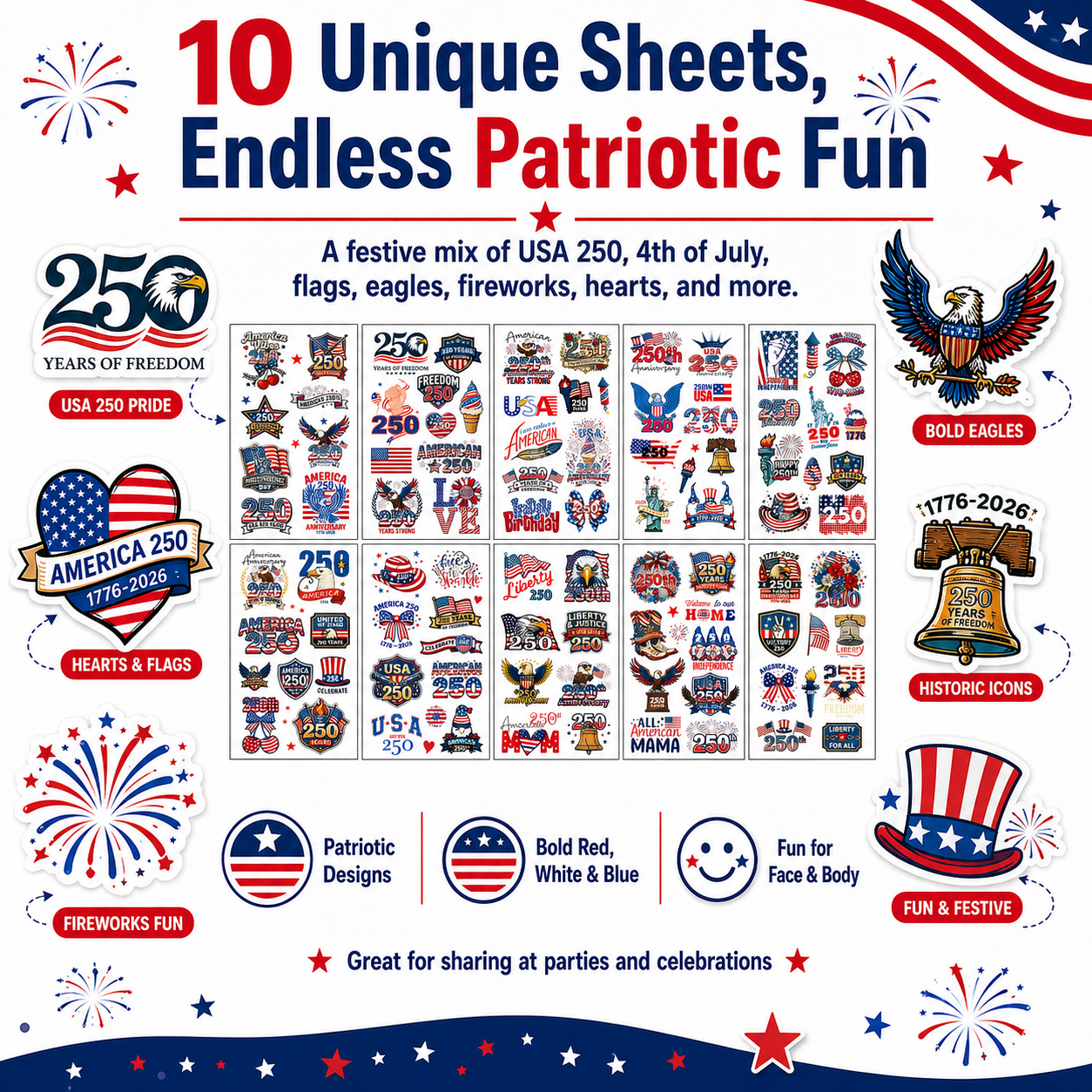 USA 250th Independence Day Temporary Tattoos – Patriotic 4th of July Body Stickers for Kids & Adults