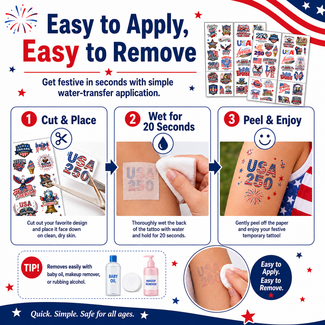 USA 250th Independence Day Temporary Tattoos – Patriotic 4th of July Body Stickers for Kids & Adults