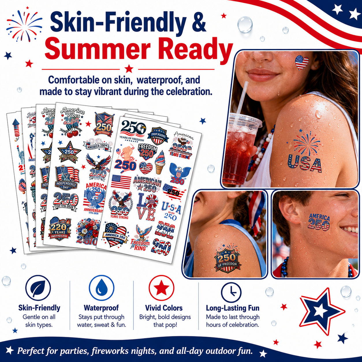 USA 250th Independence Day Temporary Tattoos – Patriotic 4th of July Body Stickers for Kids & Adults