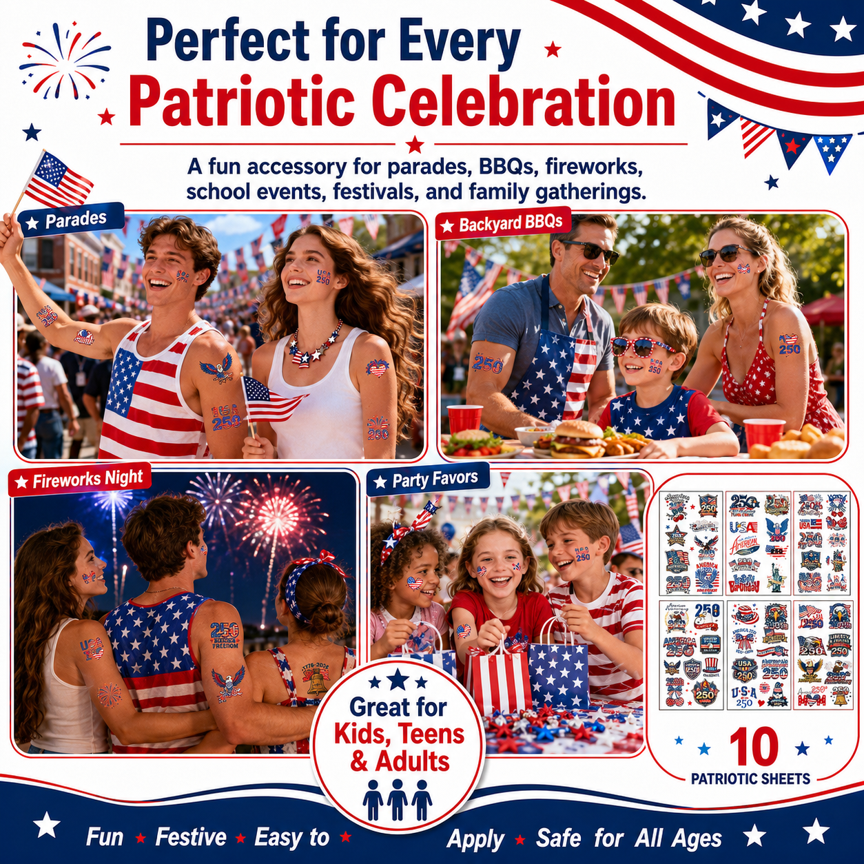 USA 250th Independence Day Temporary Tattoos – Patriotic 4th of July Body Stickers for Kids & Adults