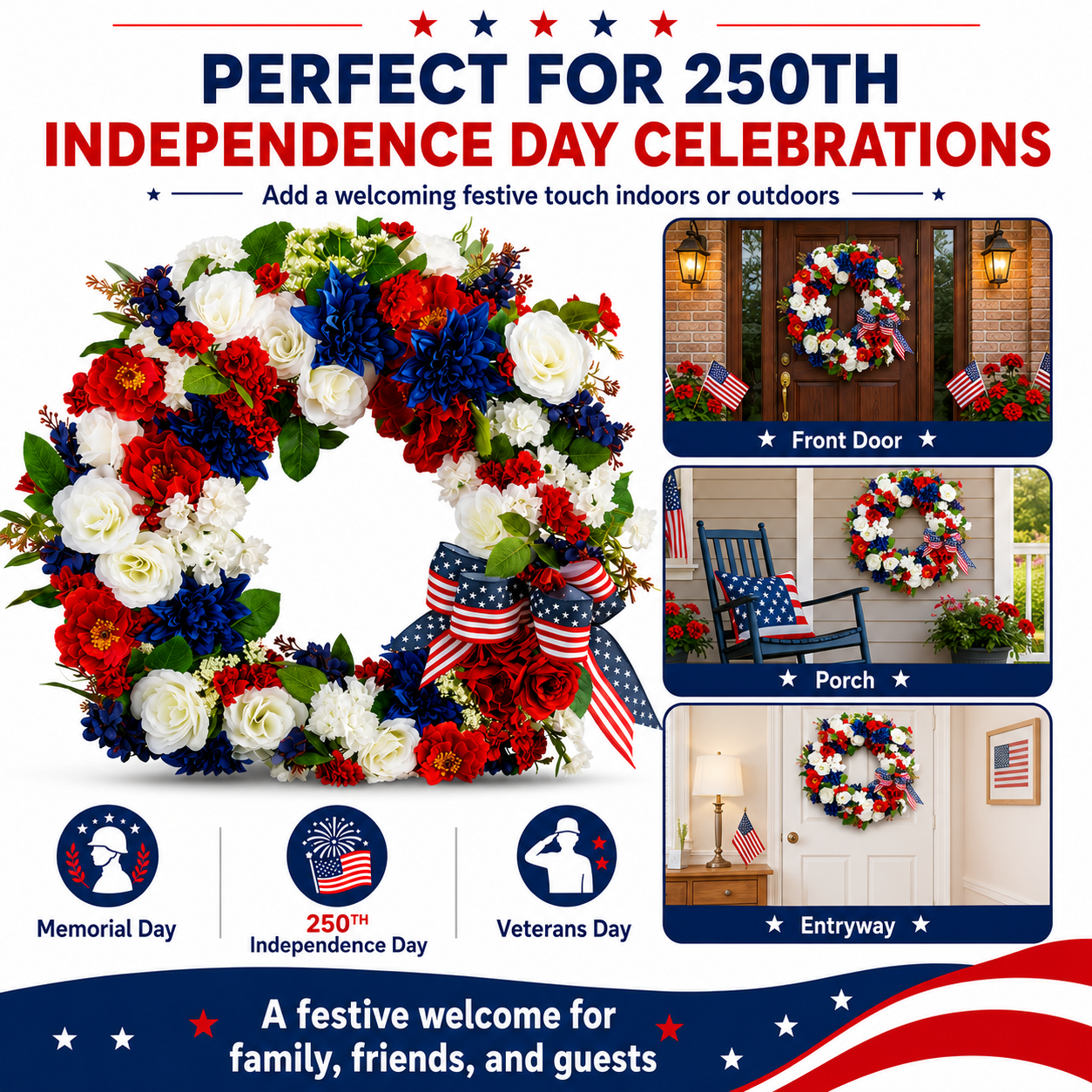 Patriotic 4th of July Wreath  Handmade Red, White & Blue Flower Door Wreath with American Flag Bow for Independence Day, Memorial Day, Veterans Day