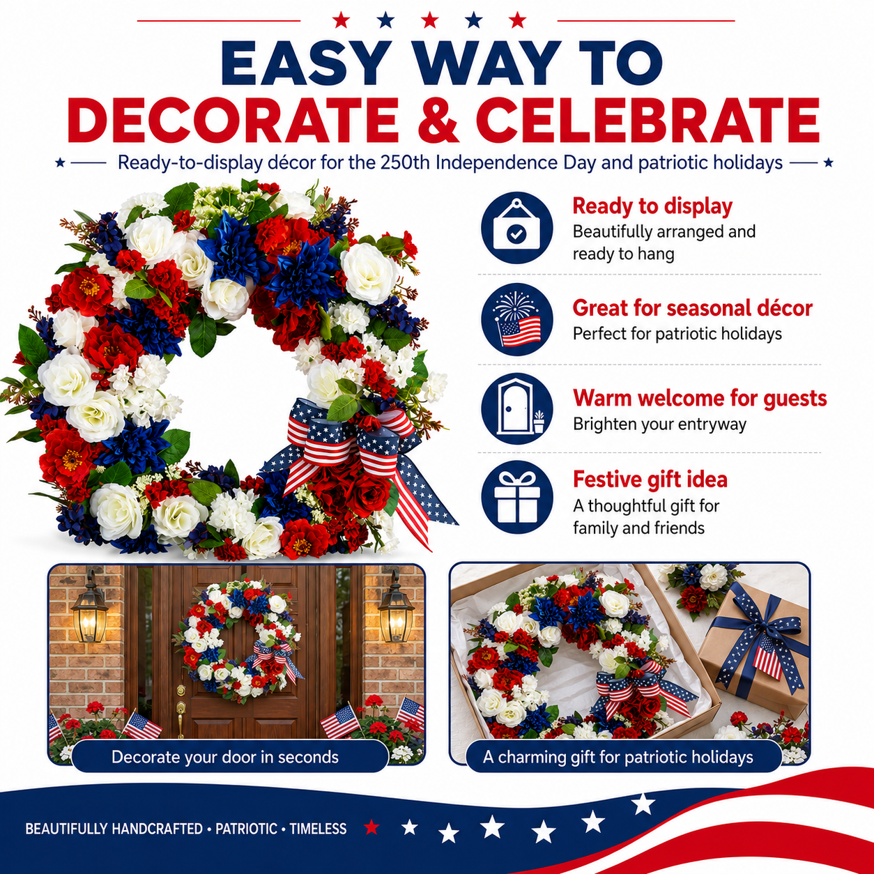 Patriotic 4th of July Wreath  Handmade Red, White & Blue Flower Door Wreath with American Flag Bow for Independence Day, Memorial Day, Veterans Day